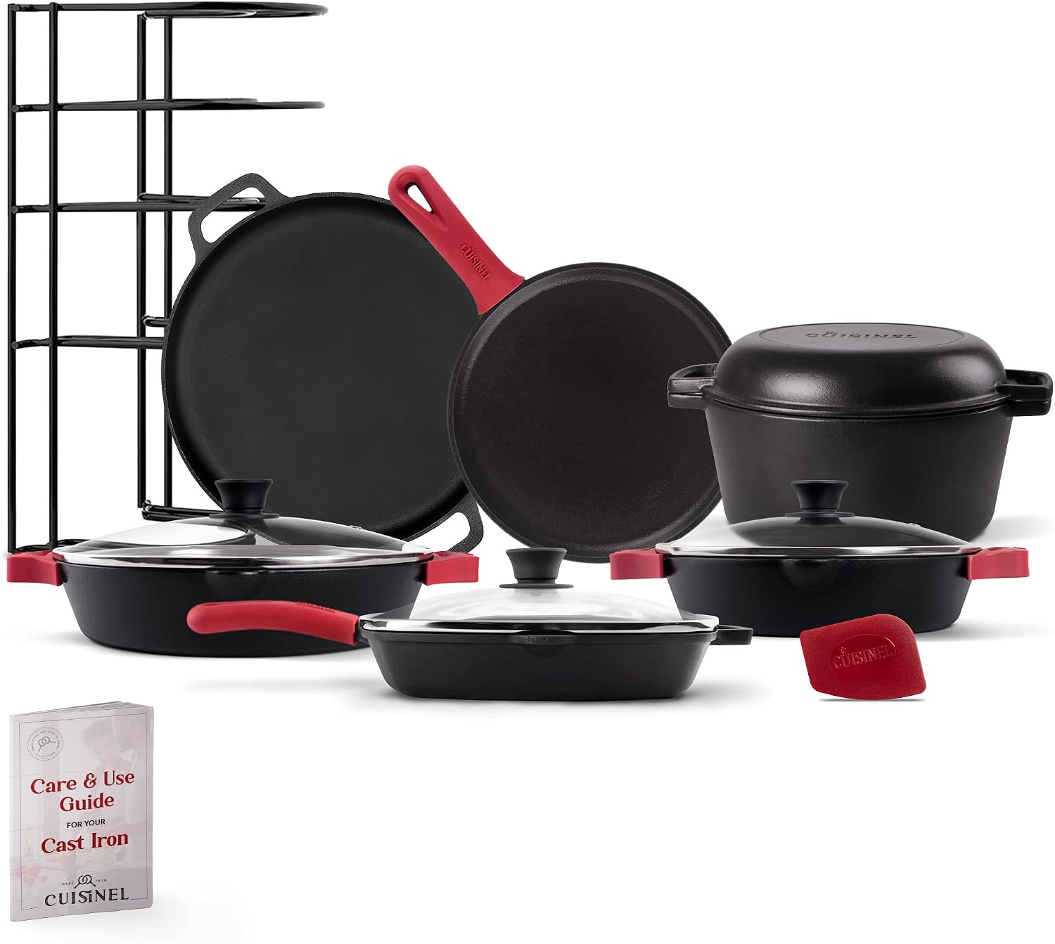 Cuisinel Cast Iron 18-Piece Preseasoned Cookware Set: 10'+12' Skillets w/Lids + 5-Qt Dutch Oven + 10.5' Square Grill Pan w/Lid + Pizza Pan + Round Griddle + 15' Organizer +Scraper + Silicone Handle