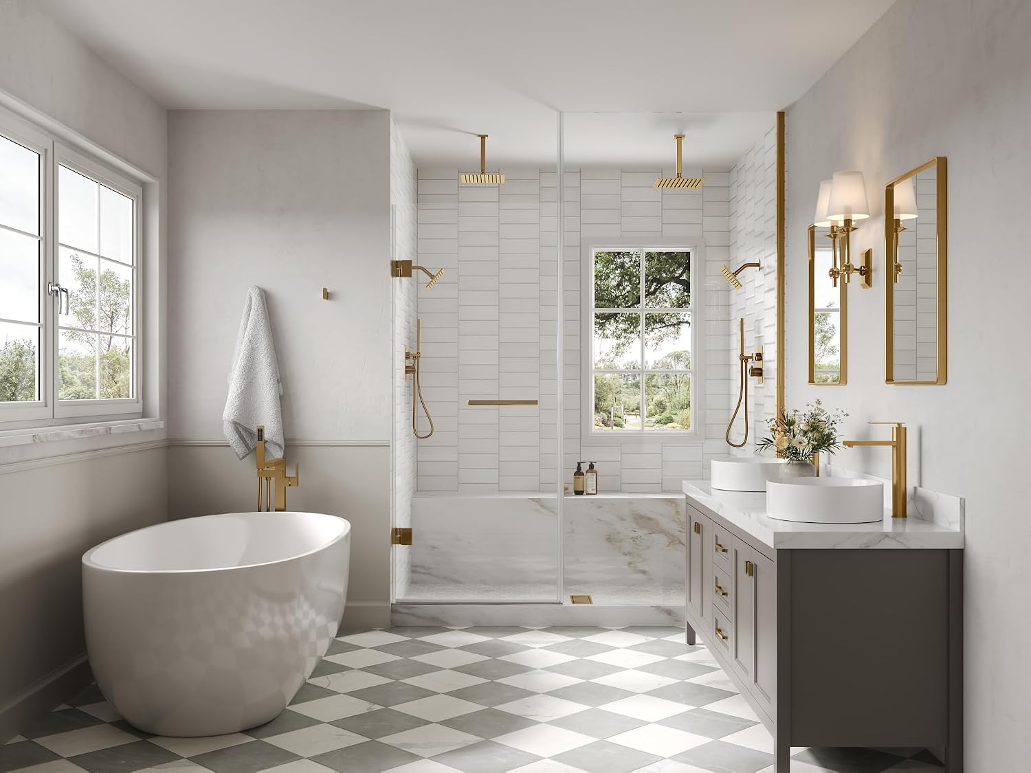 Ceiling Mount 12' High-Pressure Rainfall Shower Faucet, Dual Rainfall Shower Head System with Valve (Brushed Gold)