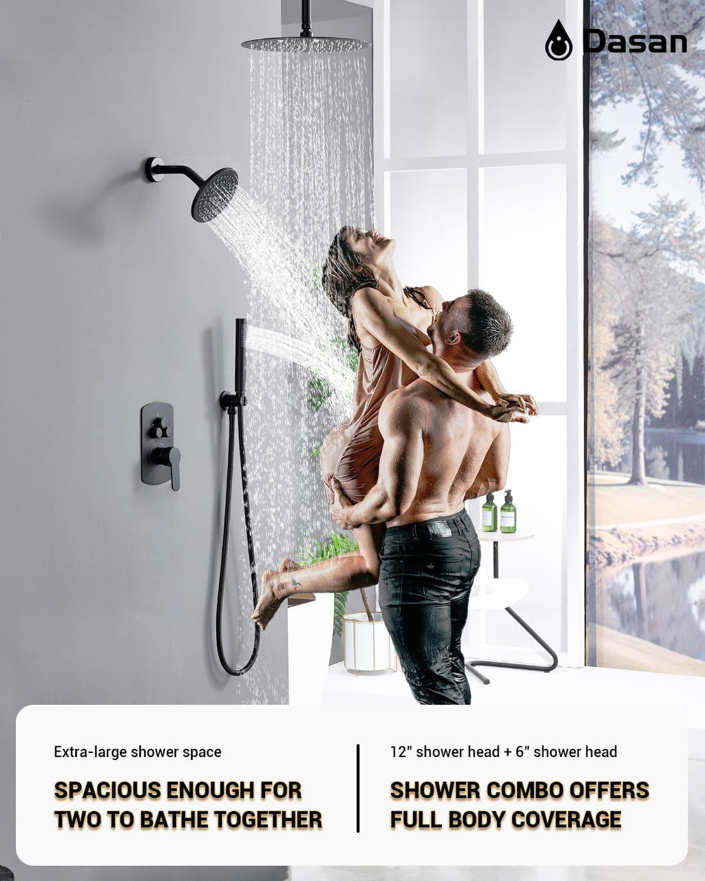 Dasan Rainfall Full Body Shower Faucet System with 12'' Round Shower & 6'' Shower Head,Matte Black Dual Shower Head Faucets Set with Handheld & Valve, Double Shower Head System for Couples/ 2-Person