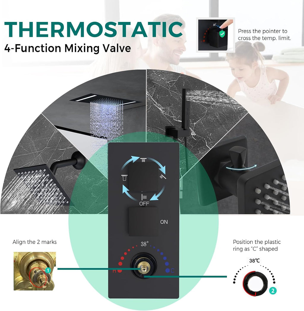 Dual Heads Thermostatic Shower Faucets Set Matte Black Shower System, 4-Way Shower Fixture 14X20' LED Rainfall Shower Head with 6' Wall Mount Showerhead and Dual-mode Handheld, 4 Jets with Shut-Off