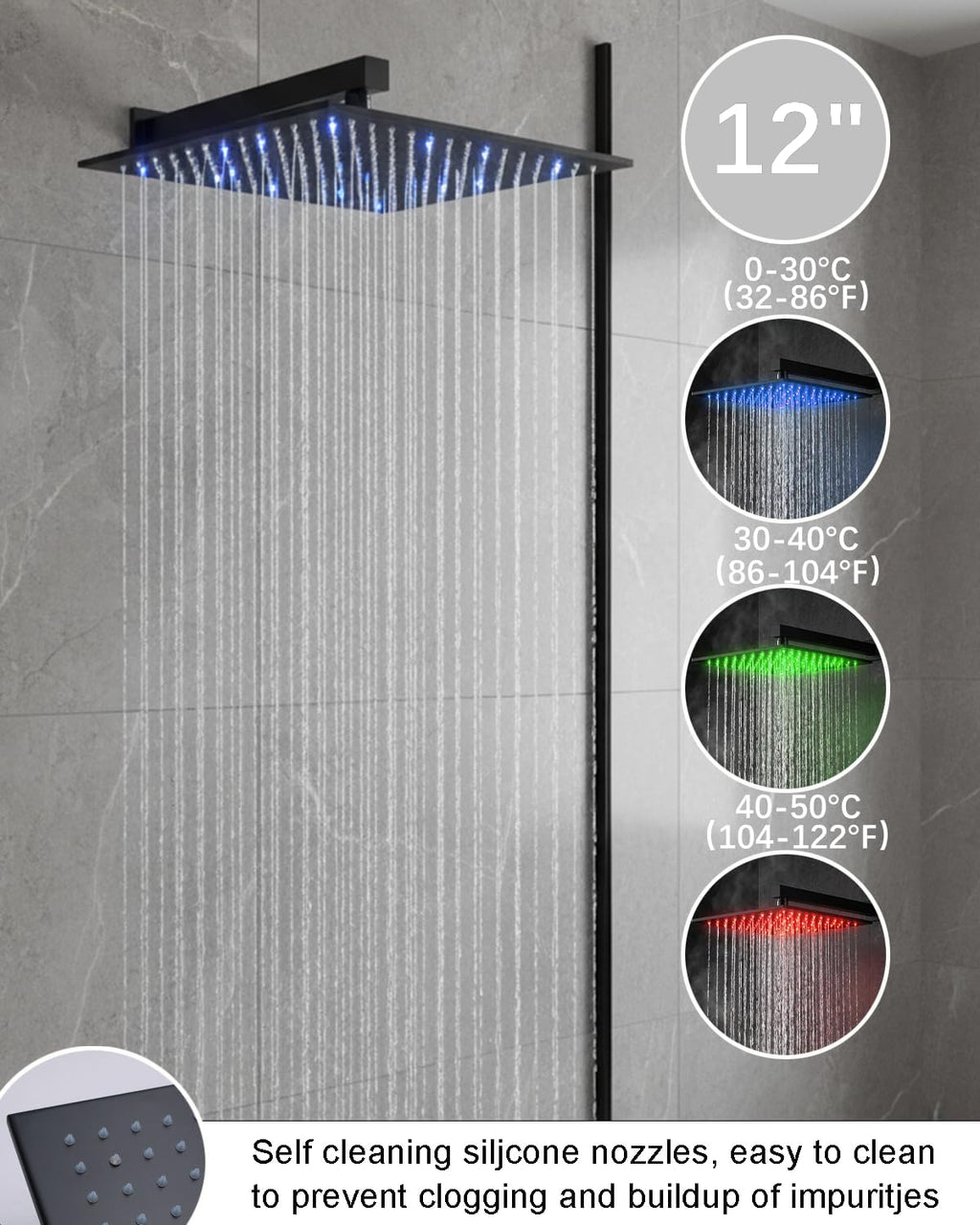 Black Thermostatic Shower System 4 Function Tub Spout Shower Faucet set with 12 inch Wall Mount Shower Head, 6 Body Jet, Handheld Spray