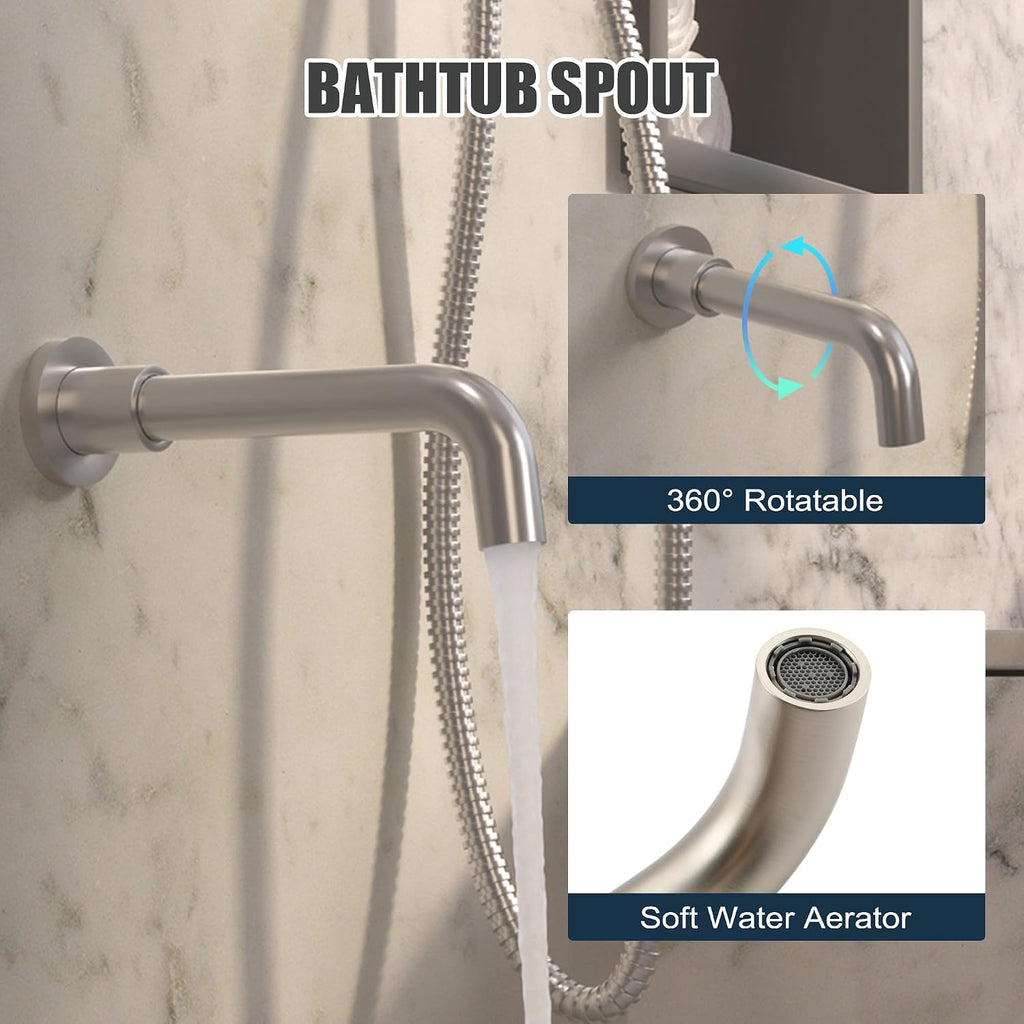 MONDAWE Round Shower Faucet Set with Tub Spout, Wall Mounted Shower System 10 Inch Rainfall Shower Head with Handheld Combo, Brushed Nickle High Pressure Shower Faucets Sets Complete