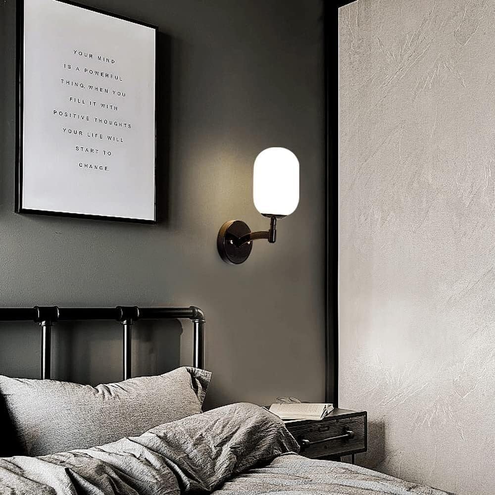 Creative Wrought Iron Wall Sconce Black Minimalist Wall Lamp with Glass Lampshade Edison E14 Indoor Lighting Fixtures for Loft Coffee Bar Living Room Dining Room