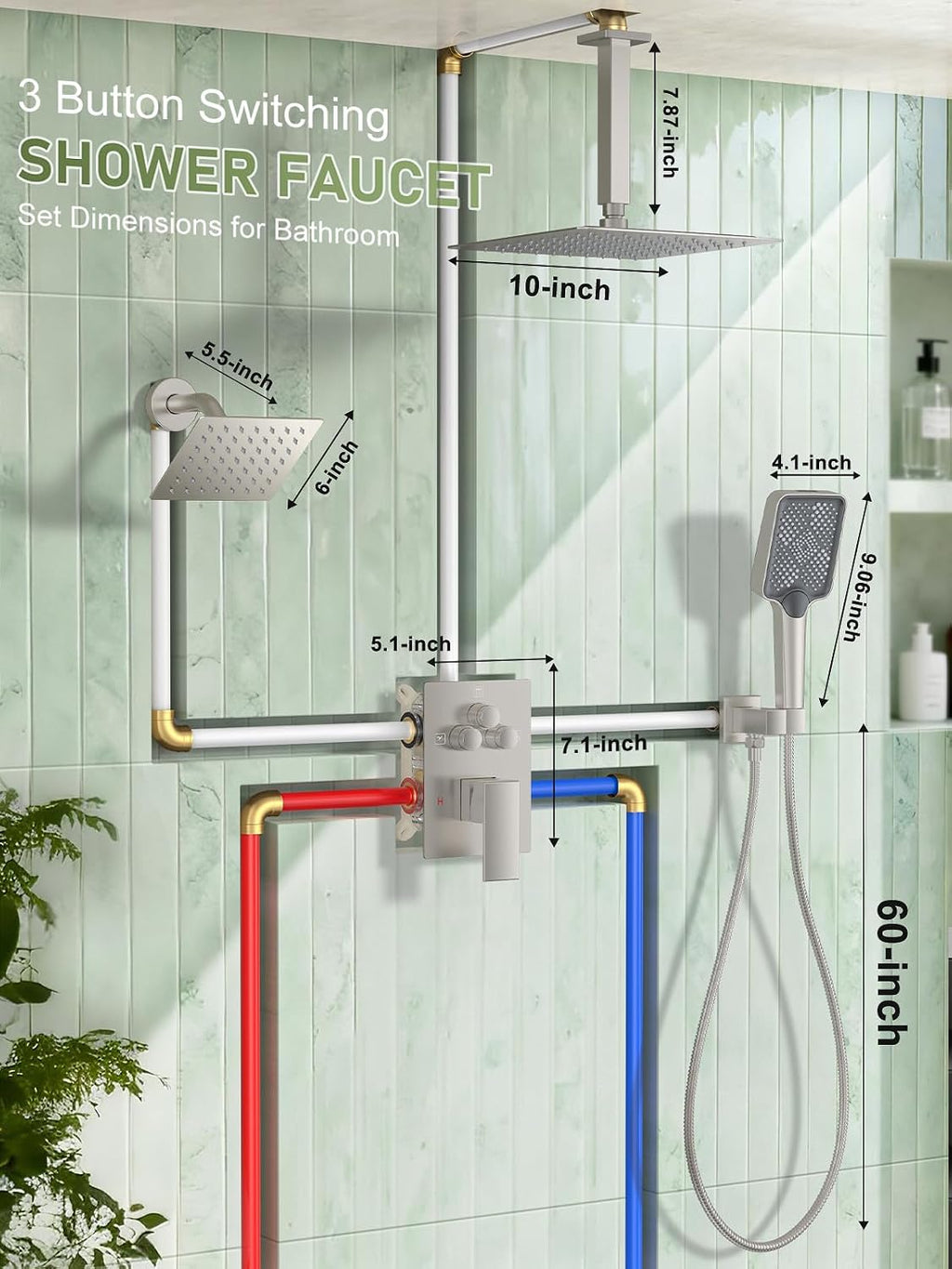 Woindo Shower Faucet Set, 10' Ceiling Mount Rainfall Shower System with 2 Rain Shower Head and Multi-function Handheld Head Push Button Diverter Shower Faucet Trim Kit
