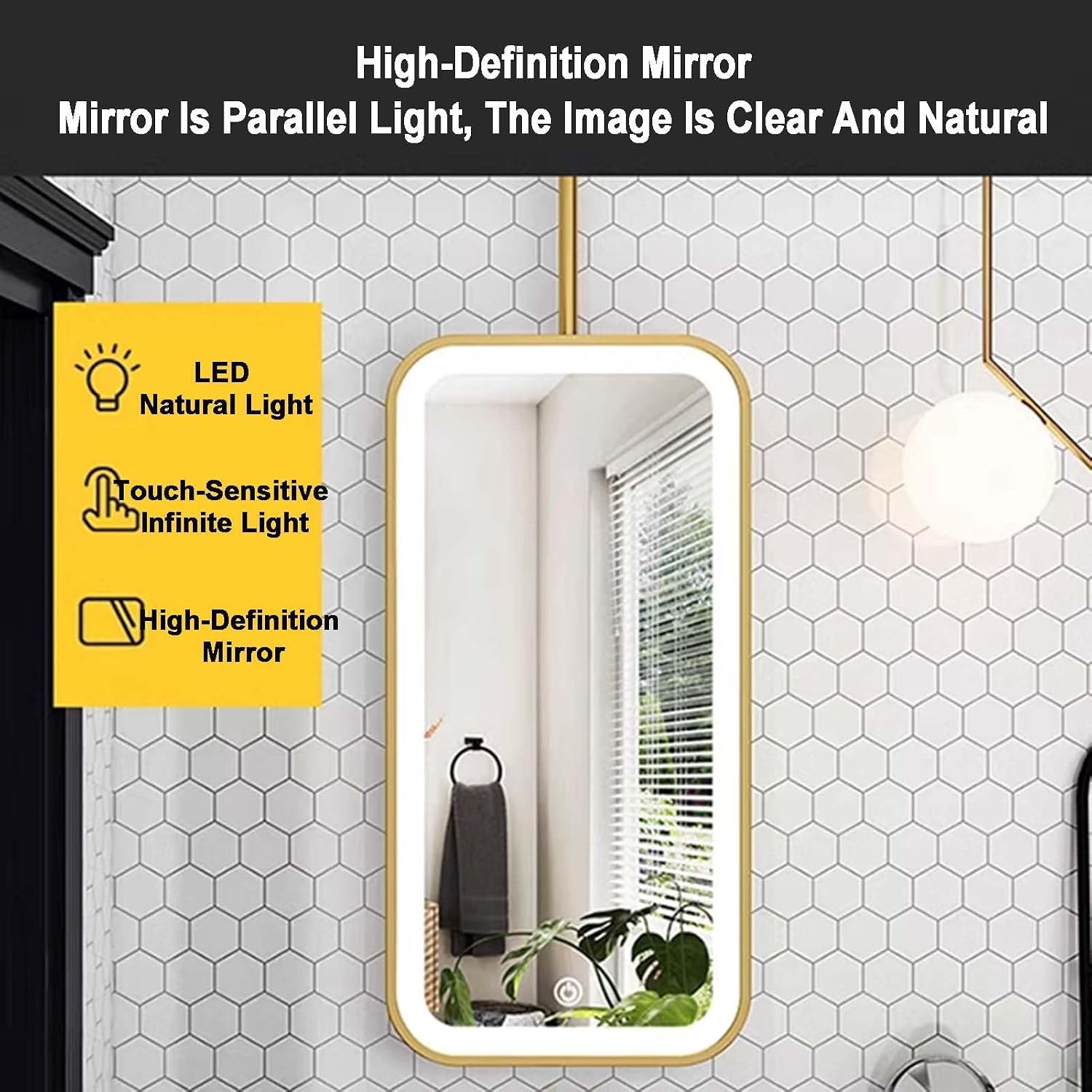 Ceiling Hanging Rod Mirror,Square Luminous Wall-Mounted Mirror,Wrought Iron Frame Decorative Mirror,for Hotel Bathroom Bedroom,Black-50x80cm,Black-50x80cm