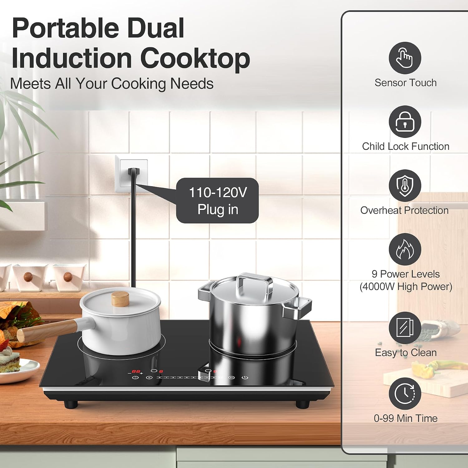 VBGK Double Induction Cooktop and Single Electric Stove Top Burner, 110V Electric Burner with 9 Heating Level,LCD Touch Screen,Child Safety Lock & Timer