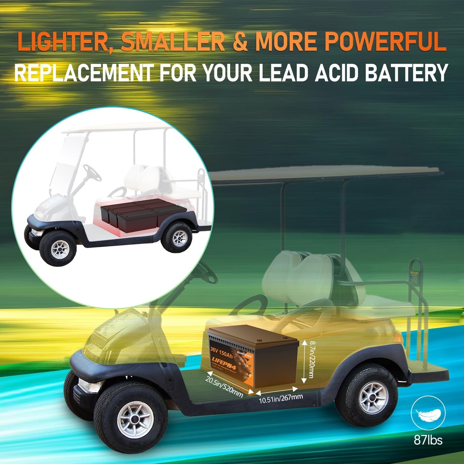 36V 150Ah Lithium Golf Cart Battery, 36 Volt 150Ah LiFePO4 Battery, Built-in Bluetooth 200A BMS, with 43.8V 25A Lithium Battery Charger, Peak Current 1000A Perfect for Golf Carts, Trolling Motor