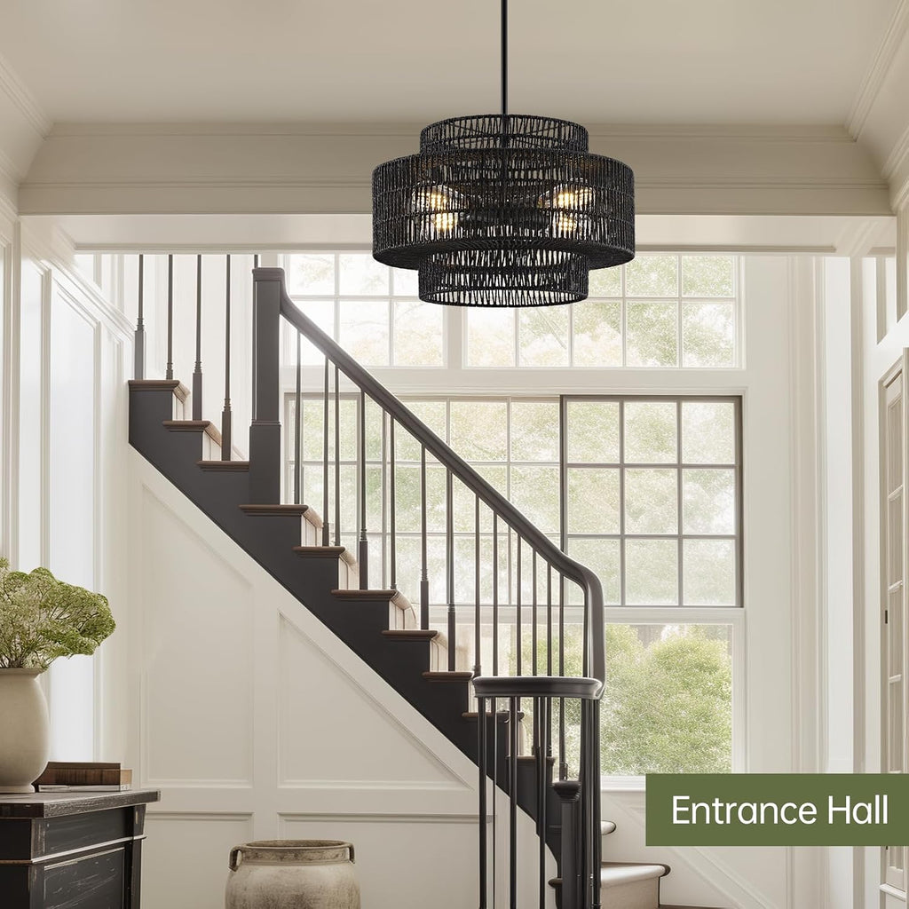 4-Light Black Boho Rattan Chandelier Light Fixture, 17.7' Hand Woven Rustic Chandeliers Farmhouse Chandelier Hanging Light for Dining Room Kitchen Island, Living Room, Foyer