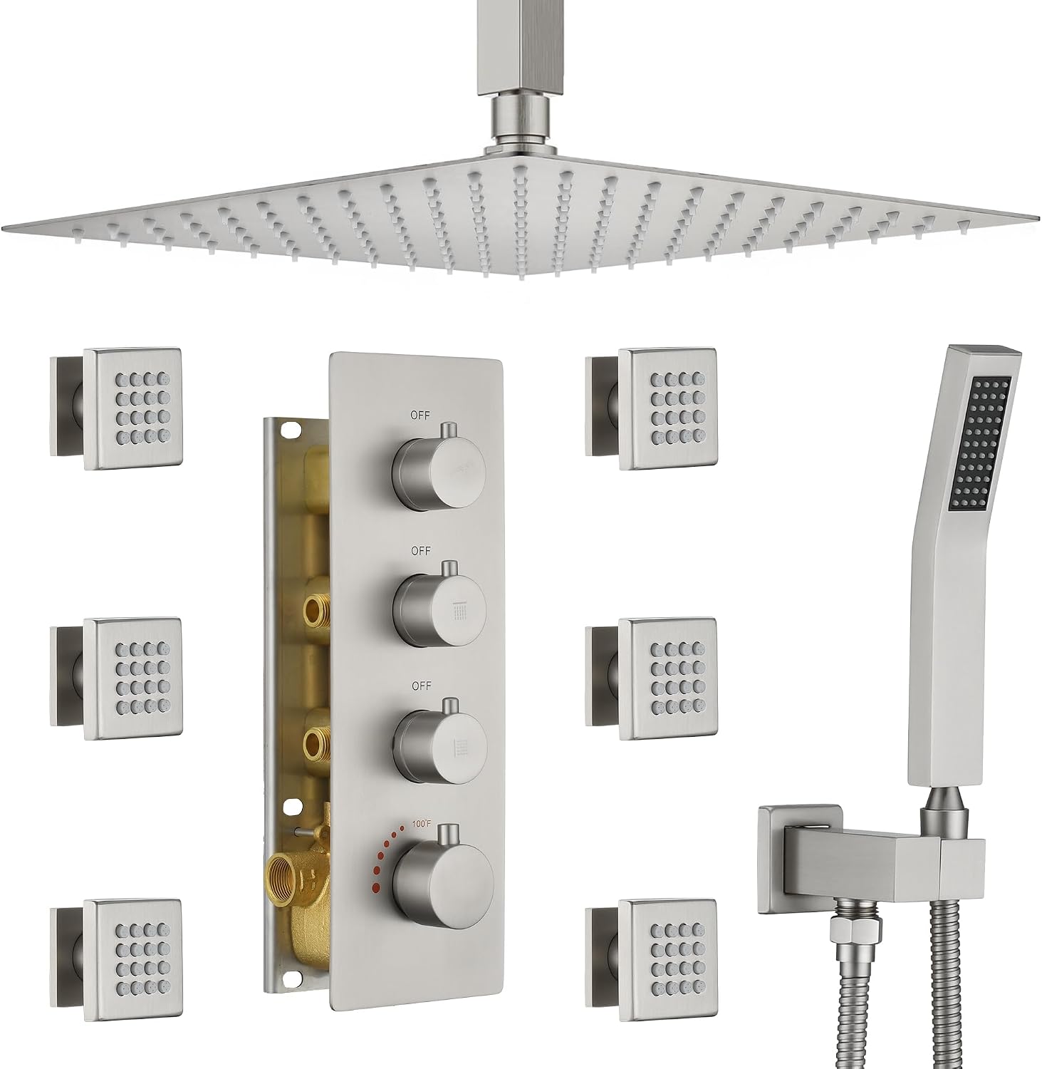 Thermostatic Shower System with 6 Body Jets & 16-Inch Ceiling Rainfall Shower Head Luxury Full Body Brushed Nickel Shower Faucet with Handheld Sprayer, Shower Fixtures Set with Valve and Trim