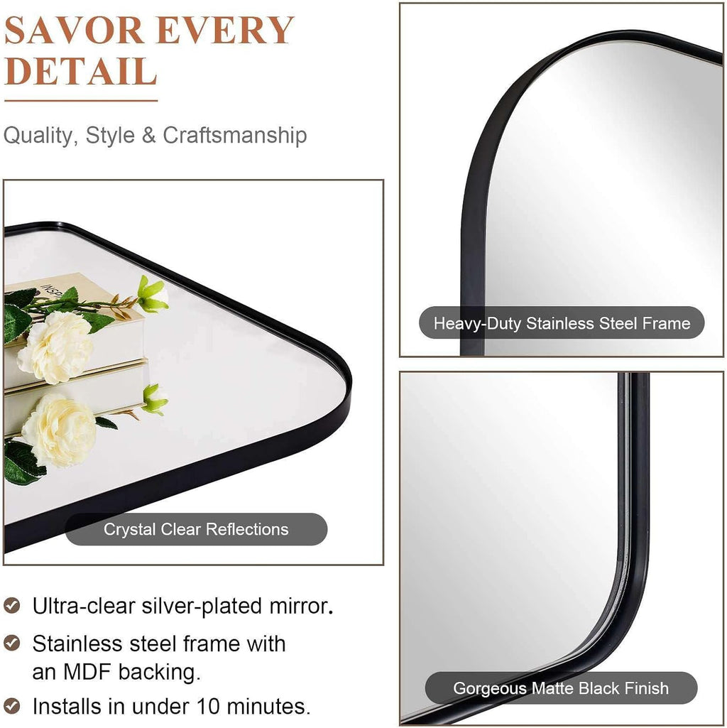 ANDY STAR 36x30 Matte Black Bathroom Vanity Mirror, Asymmetrical Soft Arch Rectangle Wall Mirror, Rust-Resistant Slim Stainless Steel Frame, Sleek 1-Inch Depth, Modern for Fireplace Mantel, Entryway