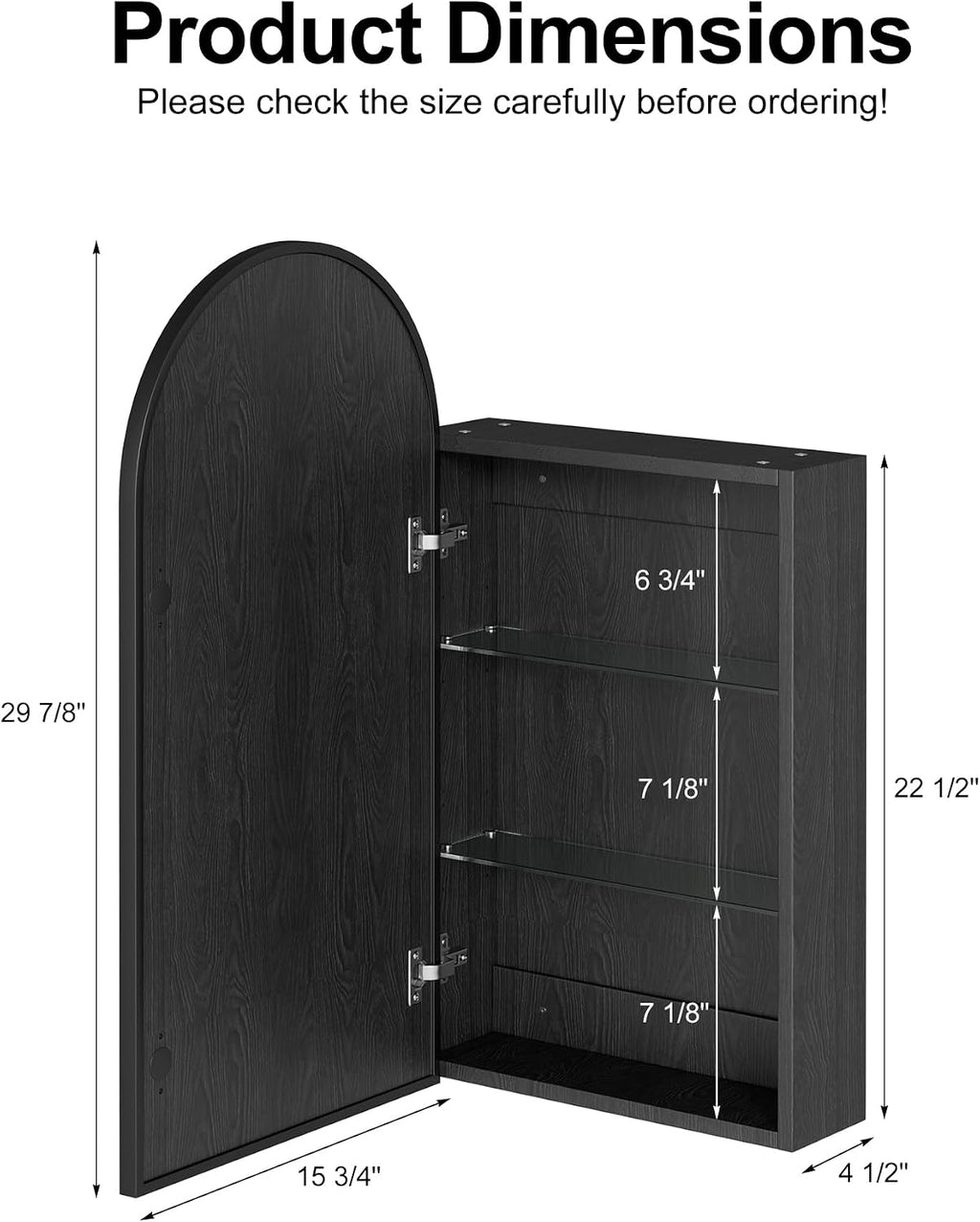 Arched Medicine Cabinet with Mirror, Brushed Black Wall Mounted Bathroom Mirror Cabinet, 3 Adjustable Shelves Storage, Reversible Door Opens Left to Right, Modern Metal Frame, 16 x 30 Inch