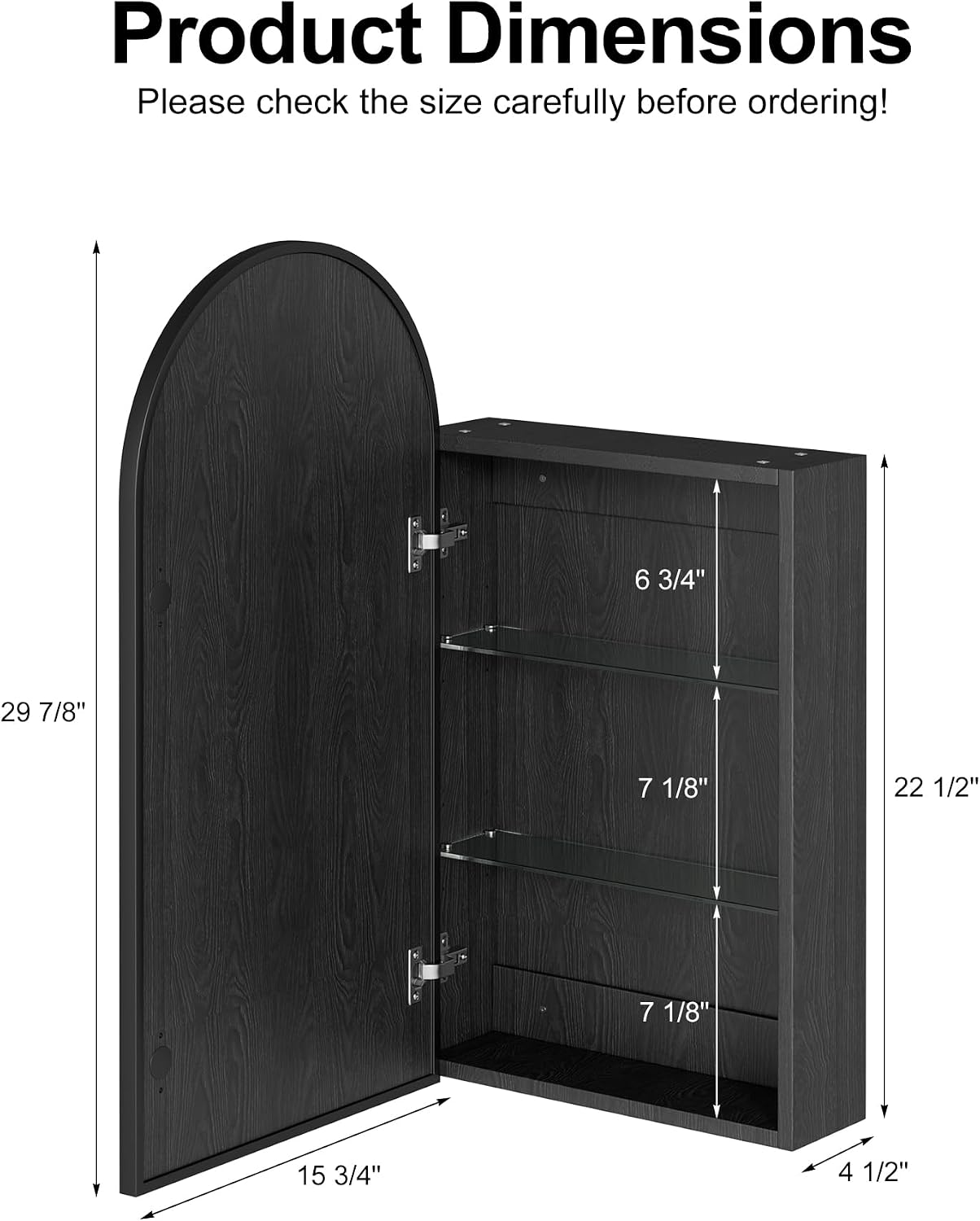 Arched Medicine Cabinet with Mirror, Brushed Black Wall Mounted Bathroom Mirror Cabinet, 3 Adjustable Shelves Storage, Reversible Door Opens Left to Right, Modern Metal Frame, 16 x 30 Inch