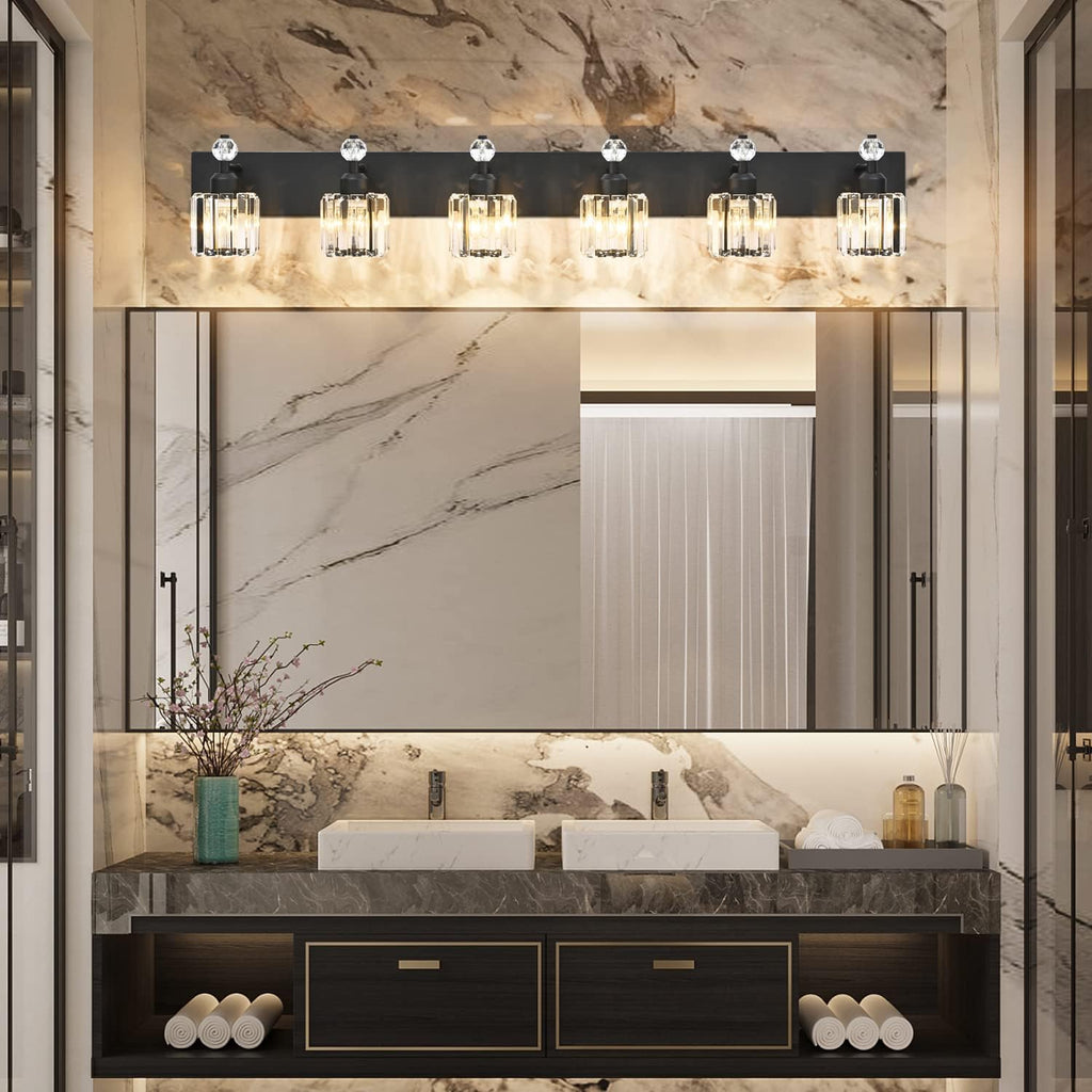 PRESDE 6-Light Crystal Bathroom Lights Fixtures Modern Matte Black Bathroom Lights Fixtures Over Mirror Bath Wall Lighting
