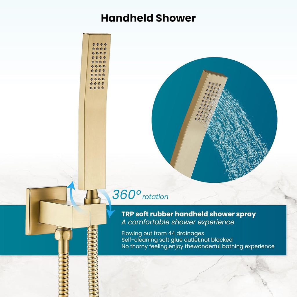 gotonovo Rainfall Bathroom Shower System Rain Shower Head and Handle Set Wall Mounted Shower Complete Combo Solid Brass Pressure Balancing Shower Mixer Valve 16 Inch Brushed Gold