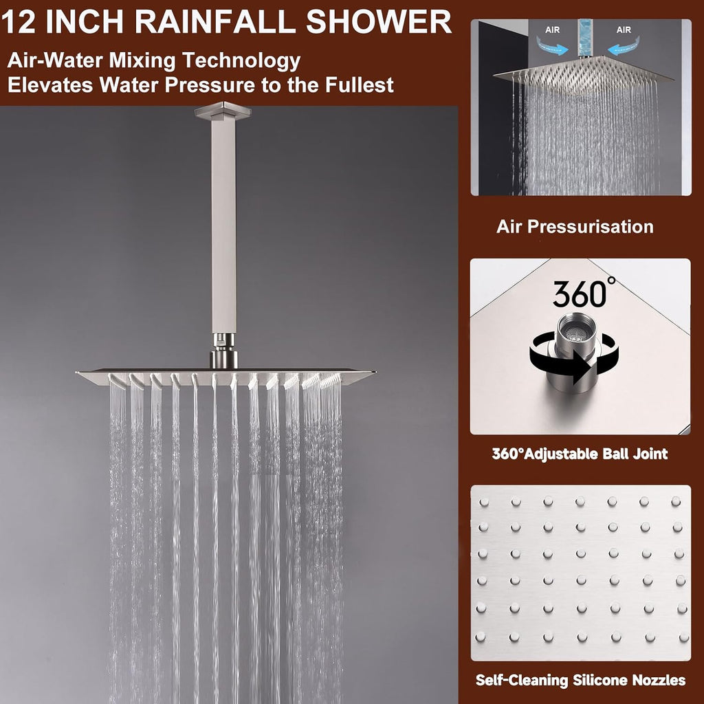 Dual Shower Head System Brushed Nickel 12' Ceiling Mount Rainfall Shower and 6' Wall Mounted Shower Head System with Handheld Spray, Push Button Diverter Shower Faucet Set, Can All Run Together