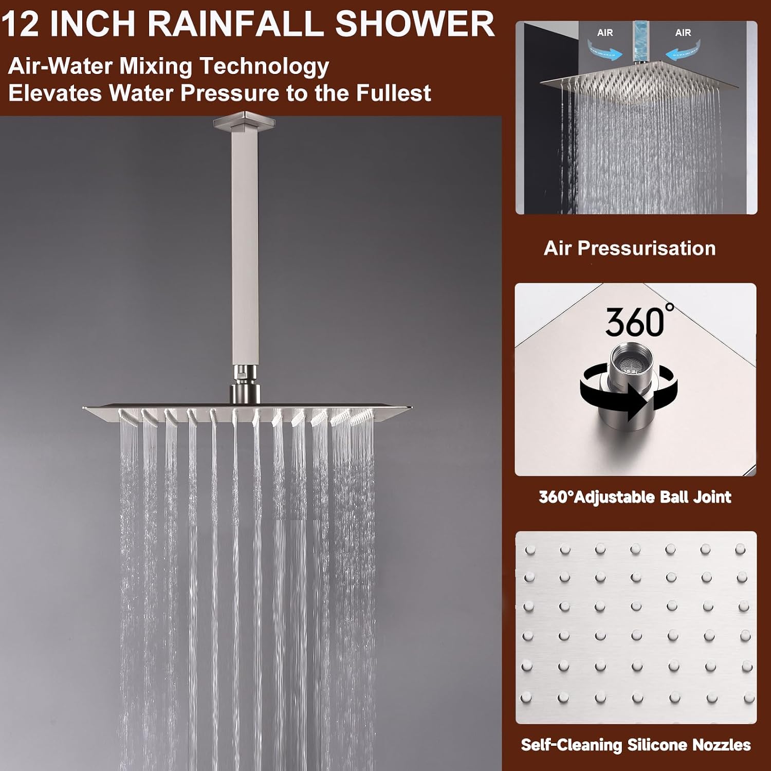 Dual Shower Head System Brushed Nickel 12' Ceiling Mount Rainfall Shower and 6' Wall Mounted Shower Head System with Handheld Spray, Push Button Diverter Shower Faucet Set, Can All Run Together