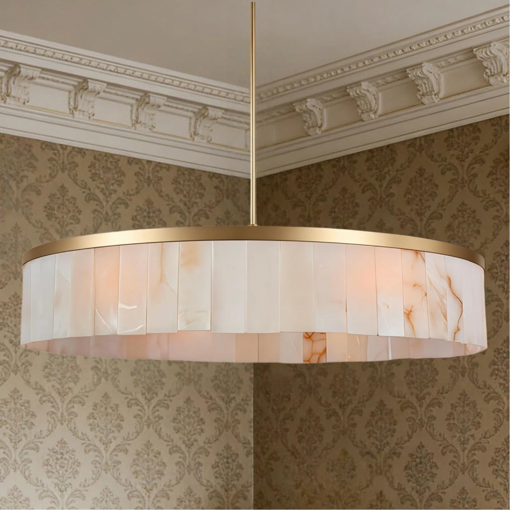 42' Luxury Alabaster Chandelier, Natural Marble Round Pendant Light Large Drum Pendant Chandelier, Large Modern Stone Hanging Fixture for High Ceiling Living Room Dining Room Foyer Entryway (Brass)