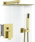 Lordear 12 Inch Rainfall Shower System Wall Mounted Shower Head Faucet Set Gold Brushed Stainless Steel Showerhead with Handheld Combo, Brass Valve Included