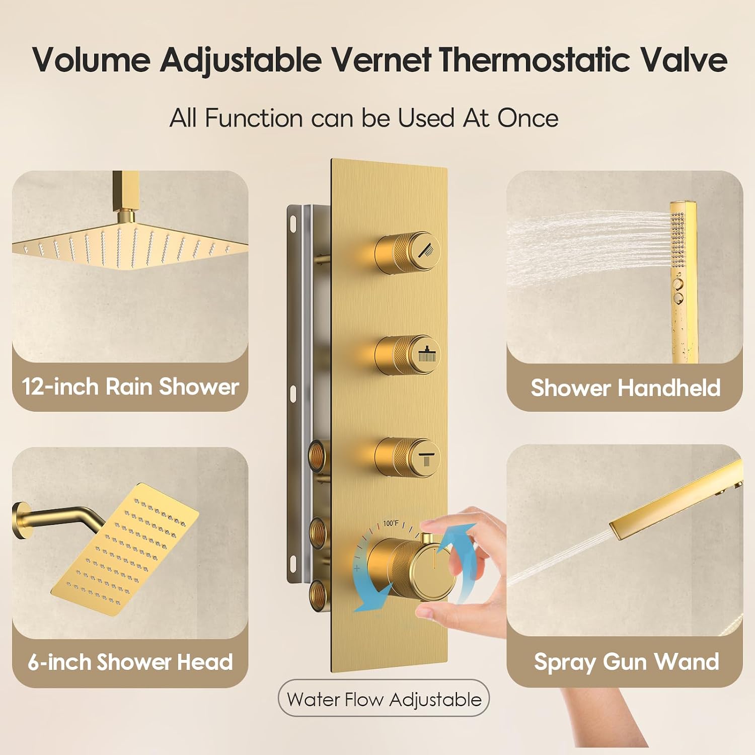 Thermostatic Dual Shower System Brushed Gold,Push Button Diverter Rainfall Shower Faucet Set with 2 in 1 Handheld Spray,12'' Ceiling Mount and 6'' Wall Mount Rainfall Shower System