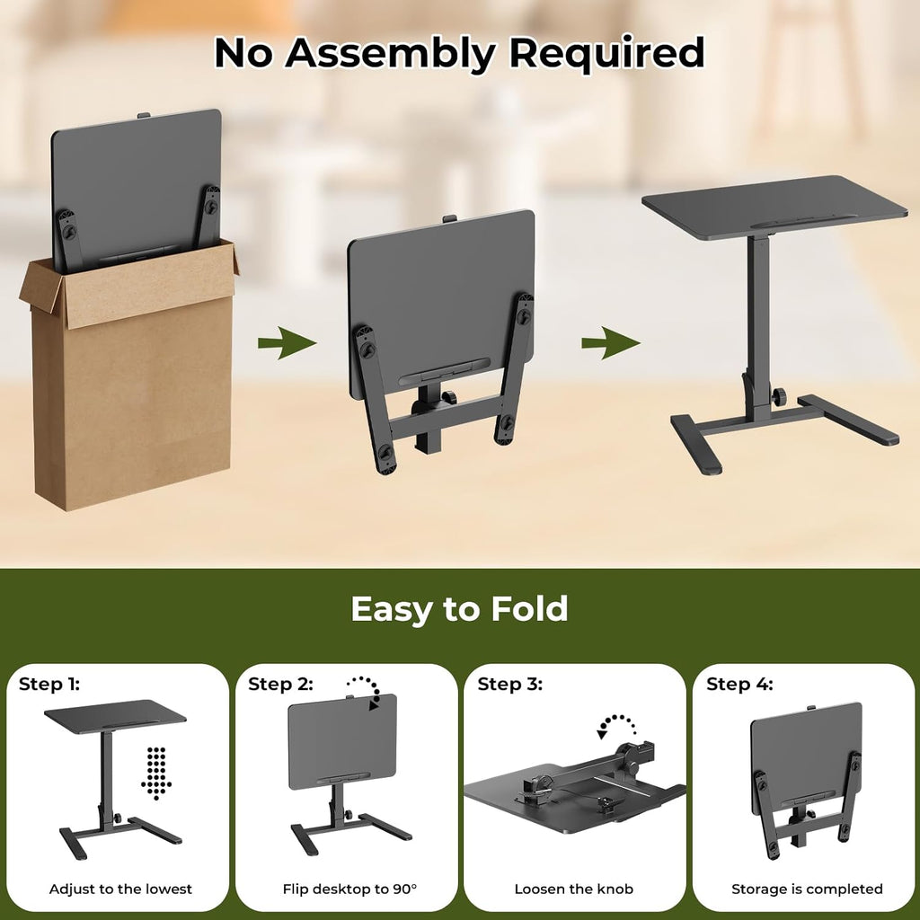 Gibbon Mounts Foldable Standing Desk，Small Mobile Sit-Stand Desk with 90 Tiltable Top，Rolling Rising Laptop Workstation Adjustable Height，Portable Table on Hidden Wheels/4 Lockable Casters，Black