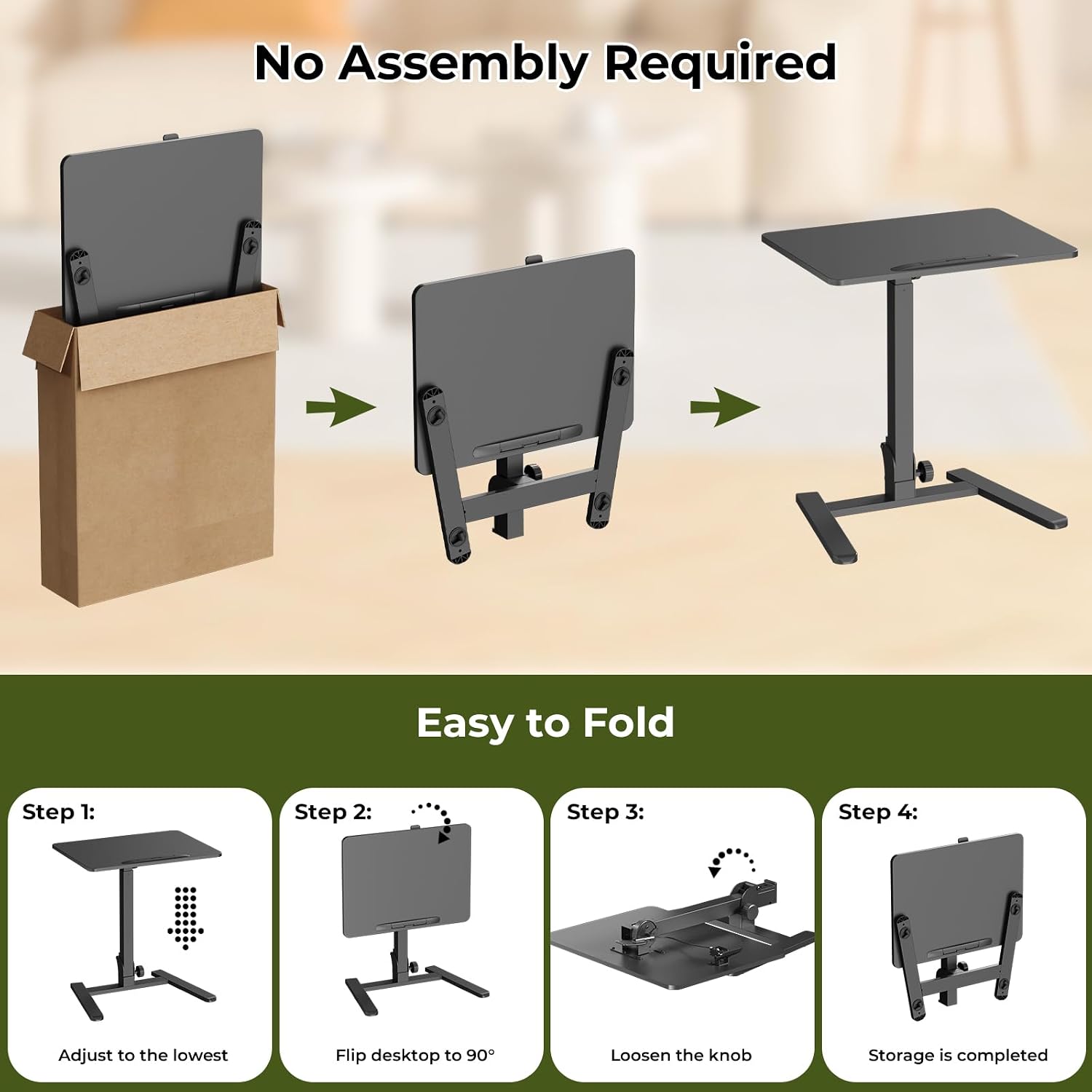 Gibbon Mounts Foldable Standing Desk，Small Mobile Sit-Stand Desk with 90 Tiltable Top，Rolling Rising Laptop Workstation Adjustable Height，Portable Table on Hidden Wheels/4 Lockable Casters，Black