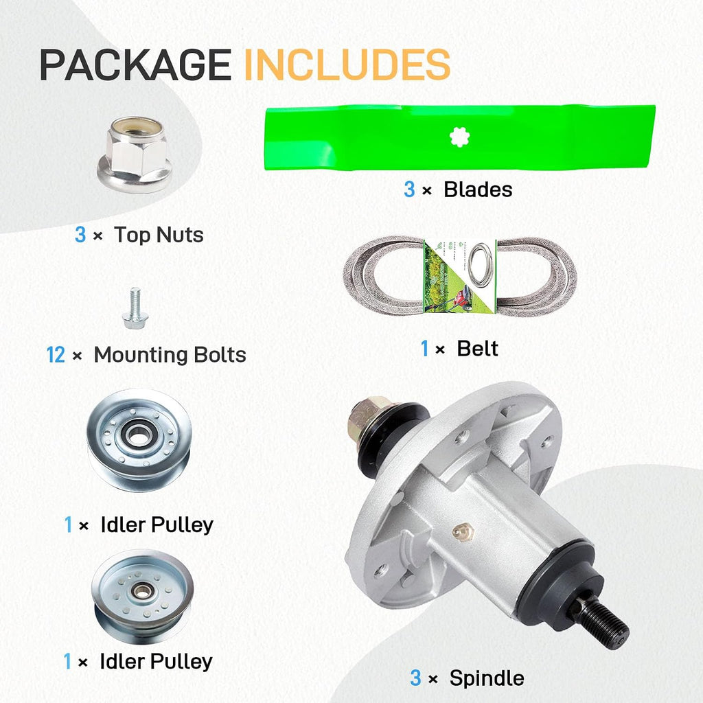 48 Inch Mower Deck Rebuild Kit Fits for John De ere E160 E140 E150 E170 X165 E100 3 Spindles GY20454 GY21098 3 Blades GY208522 2 Idler GY20067 GY22082 1 Belt GX20571