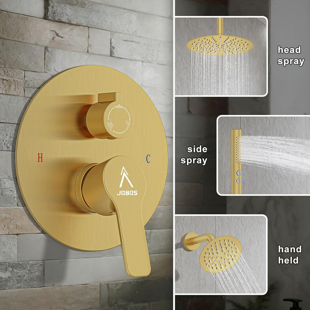 Shower System Shower Faucet Set Rainfall Shower Set with Valve 12+6' Dual Rain Shower Head with Handheld Ceiling Mount Wall Mount Shower Head Shower System, Brushed Gold