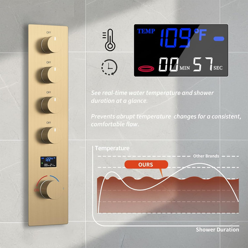Brushed Gold Shower System Temperature Display Shower Faucet Set with 12 inch and 8 inch Full Body Shower Head, with 6 PCS Body Jet and Handheld Spray