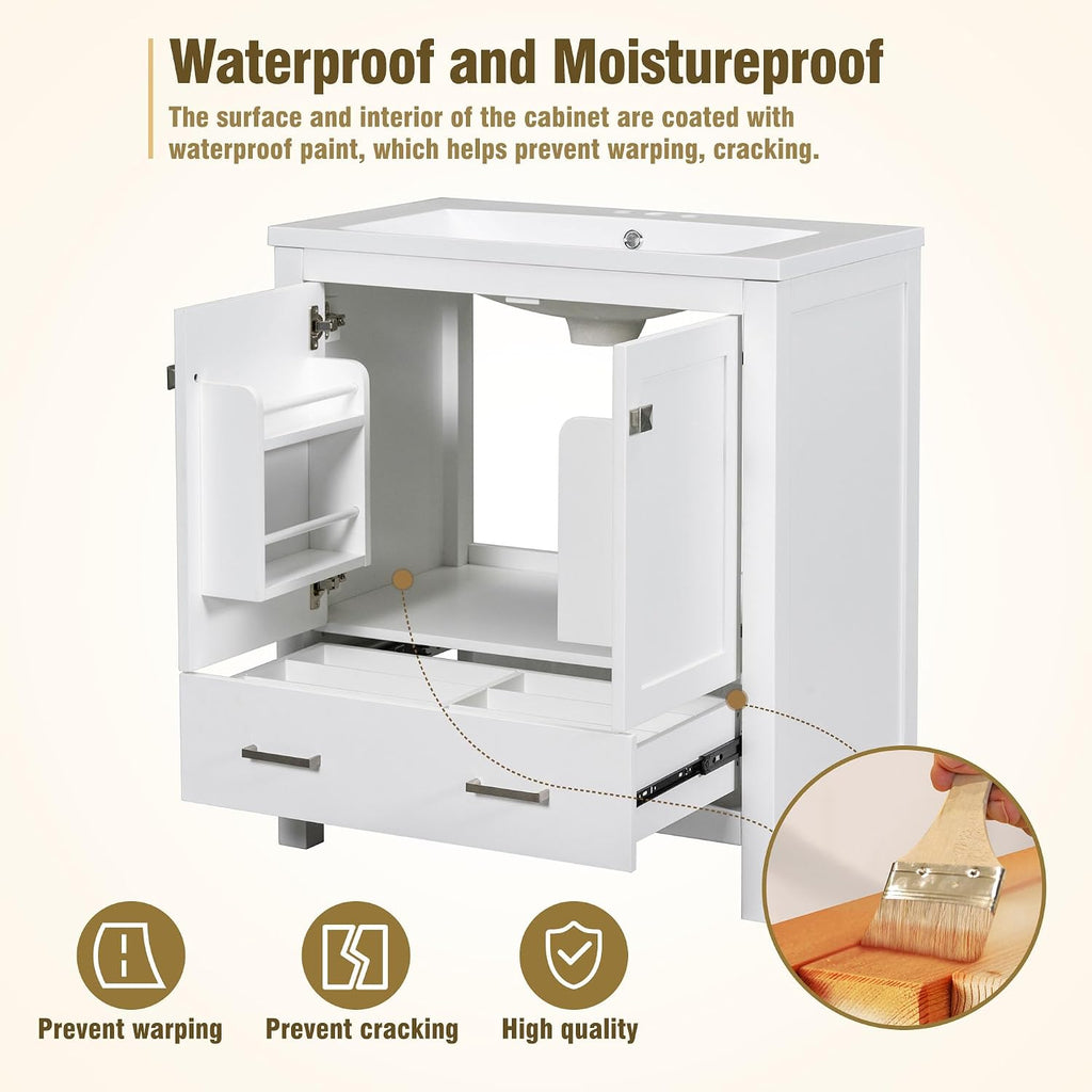 LUMISOL 30' Bathroom Vanity Set with Sink, Solid Wood Bathroom Cabinet with One Drawer and Two Doors, Multi-Function Storage Organizers, Undermount Sink Basin, White