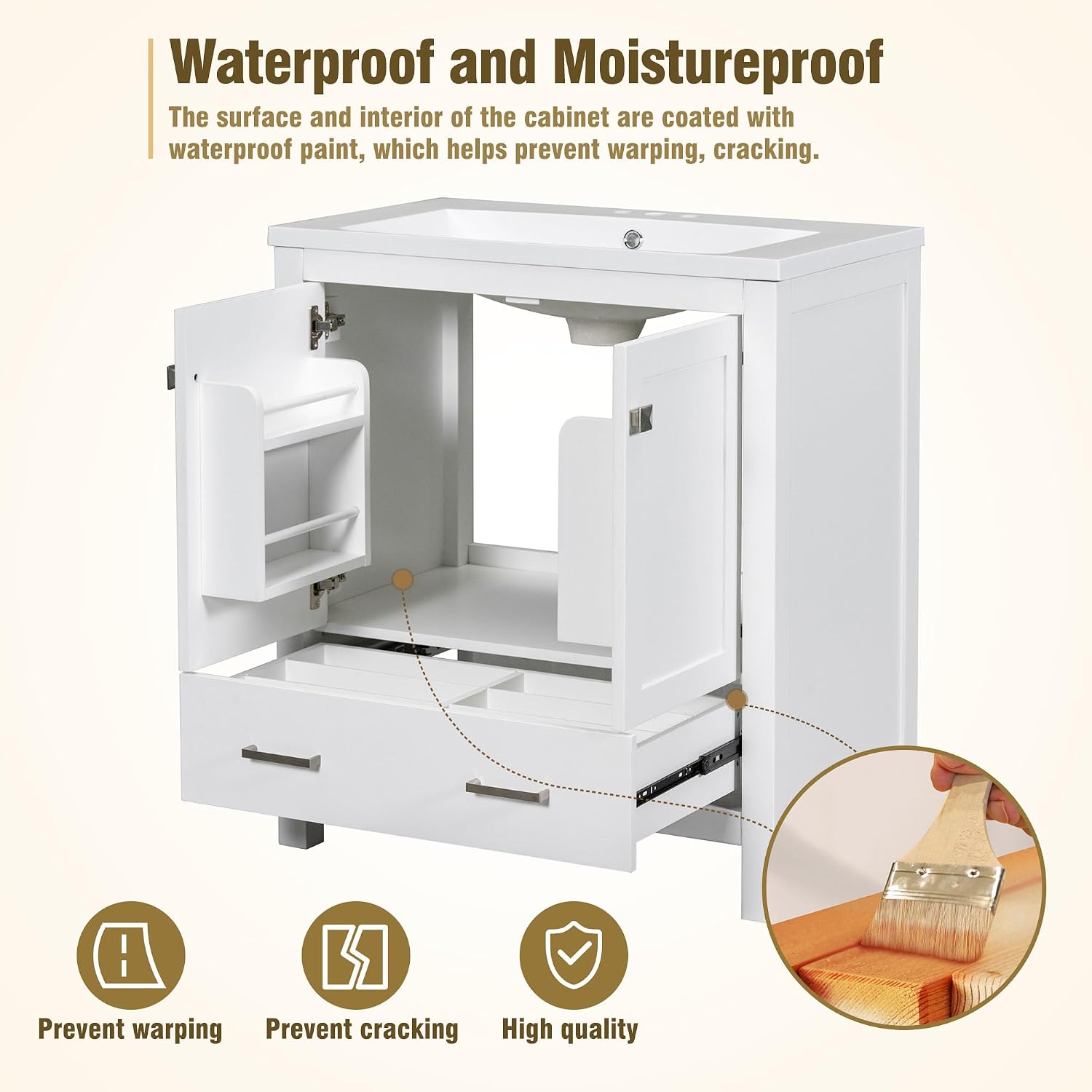 LUMISOL 30' Bathroom Vanity Set with Sink, Solid Wood Bathroom Cabinet with One Drawer and Two Doors, Multi-Function Storage Organizers, Undermount Sink Basin, White