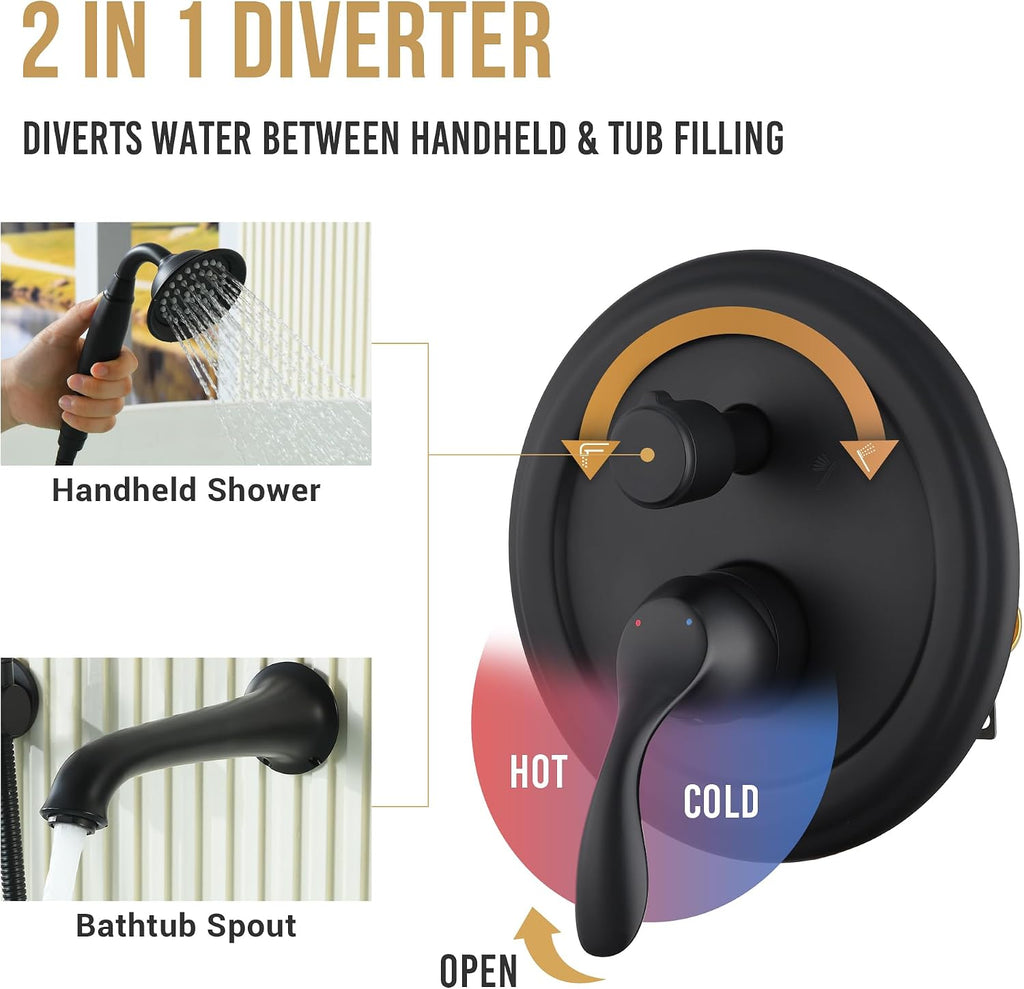 DASAN Antique Wall Mount Tub Filler Faucet with Hand Held Shower, Matte Black Bathtub Faucet with Sprayer Wall Mounted Roman Bath Tub Faucet Set with High Flow Rough in Valve, AT201TF-MB