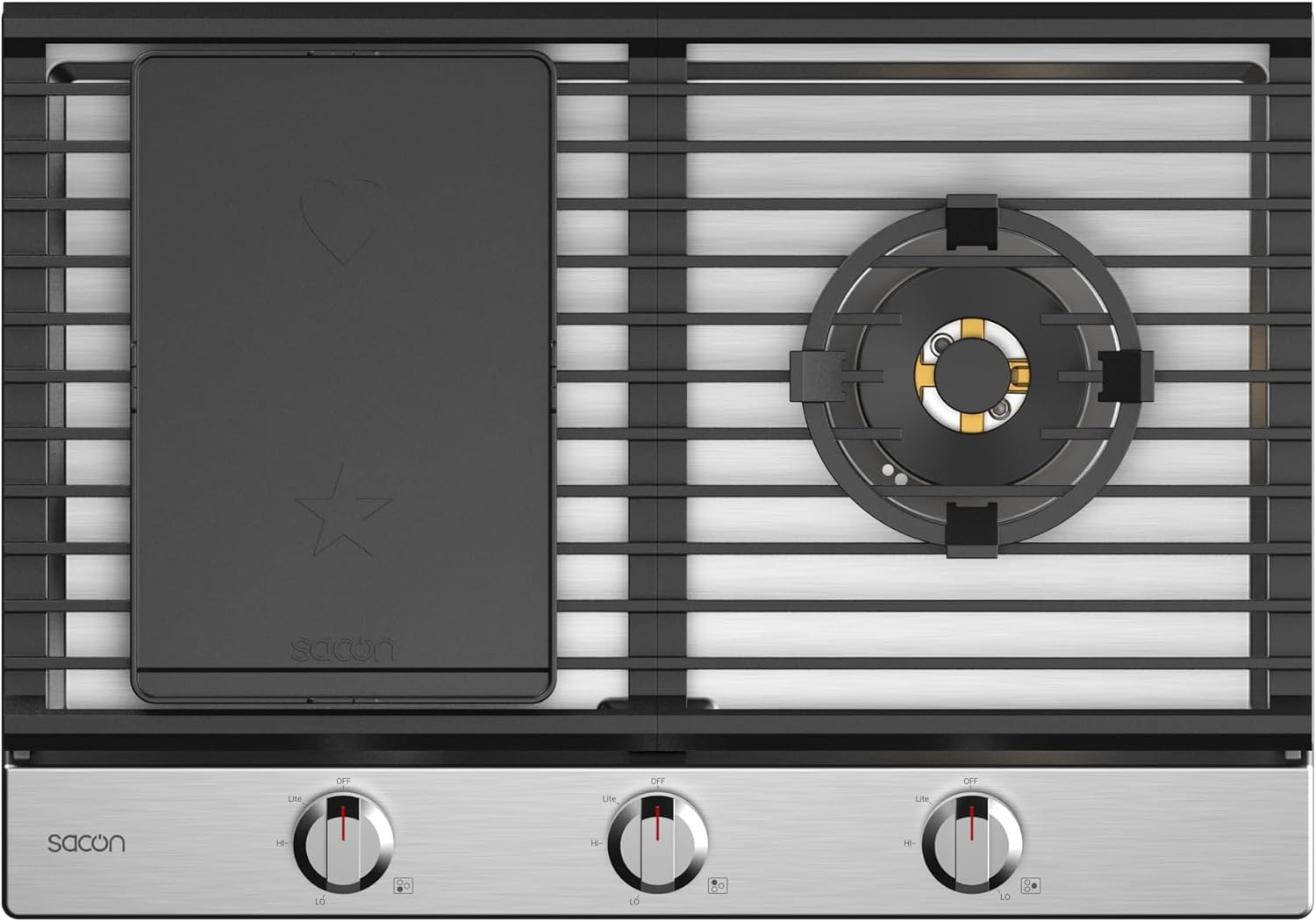 Sacon 30-Inch Gas Cooktop, 3 Burners with 46,000 BTU, Heart-to-Star Griddle, 30W x 21D x 6.7H inches, Stainless Steel SUS304, Built-in Installation