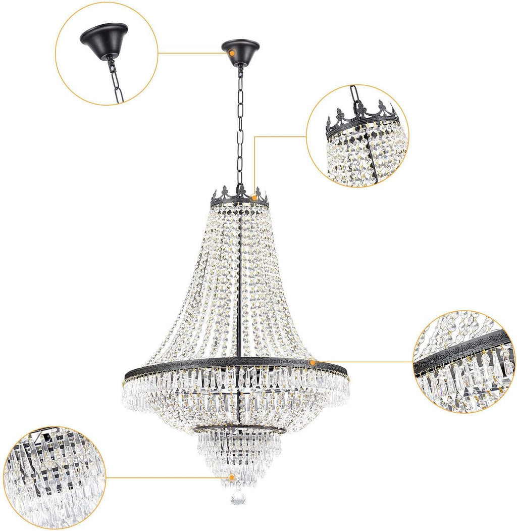 9 Light Modern Crystal Chandelier French Empire Pendant Light D24 x H30inch
