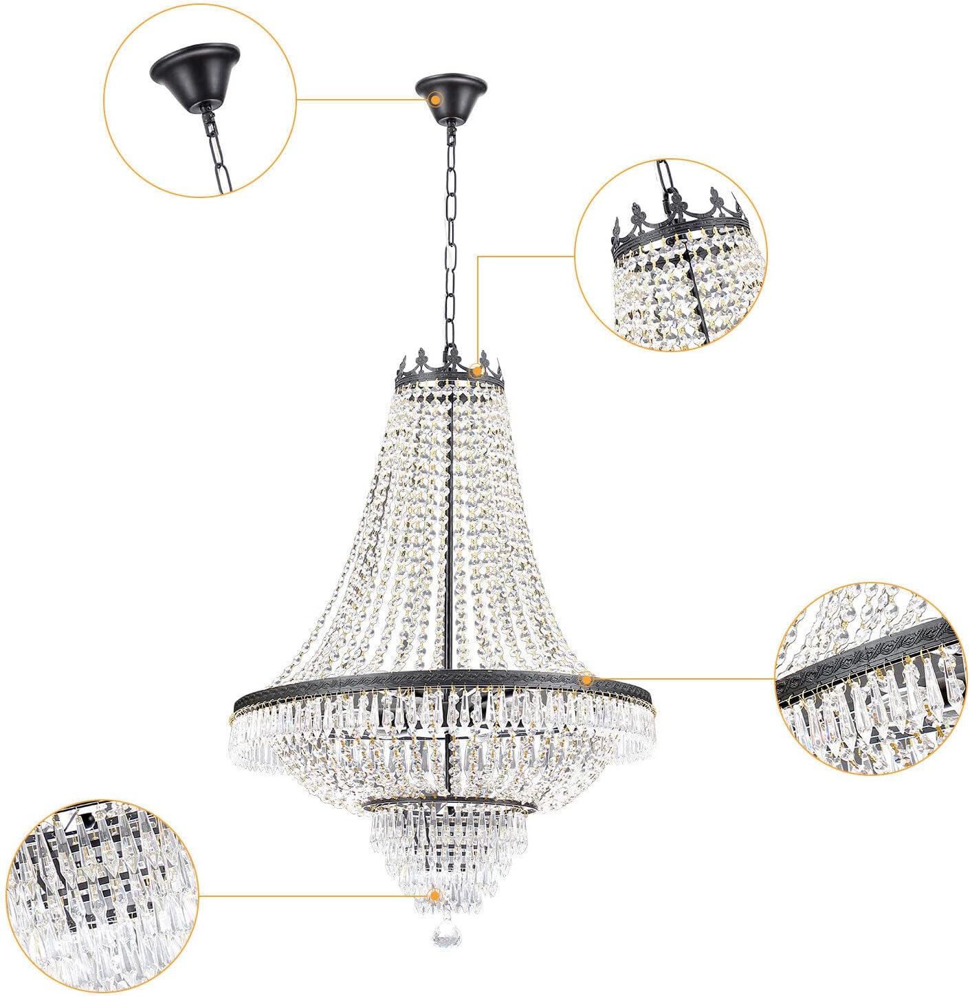 9 Light Modern Crystal Chandelier French Empire Pendant Light D24 x H30inch