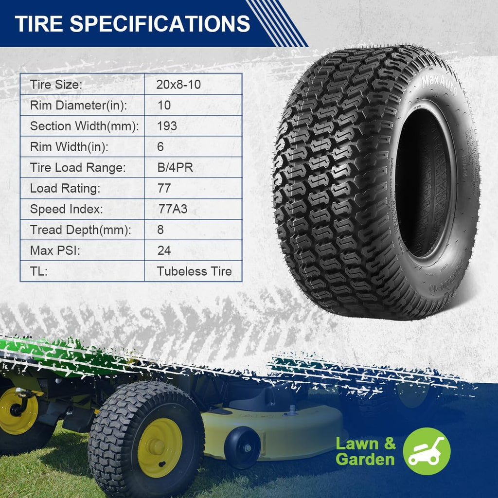 MaxAuto 2 Pcs 20x8-10 Turf Saver Tire, 20x8.00x10 Lawn& Garden Tire - LRB/4ply Tubeless
