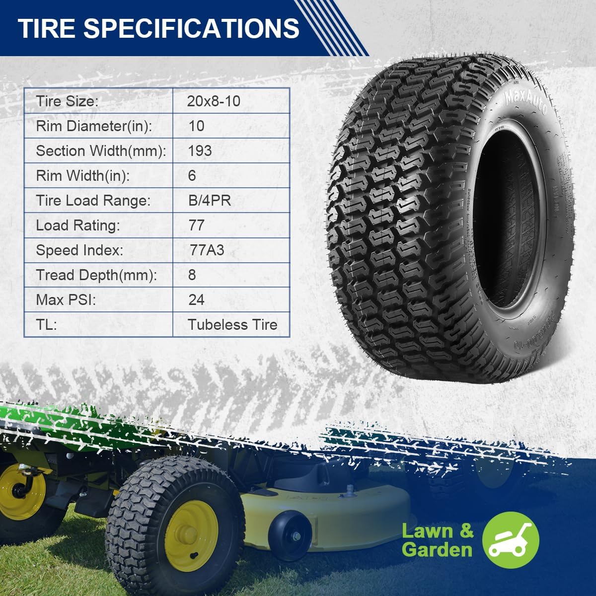 MaxAuto 2 Pcs 20x8-10 Turf Saver Tire, 20x8.00x10 Lawn& Garden Tire - LRB/4ply Tubeless