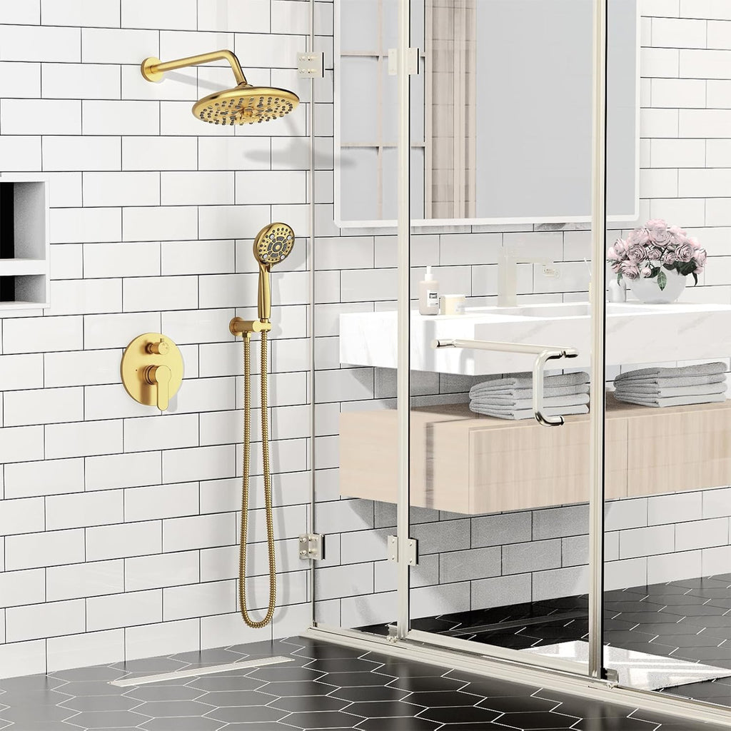 SR SUN RISE Shower Faucet - 10 Inch Multifunctional High Pressure Shower Head System with Handheld Shower Head Fixtures - Valve Included - Brushed Gold