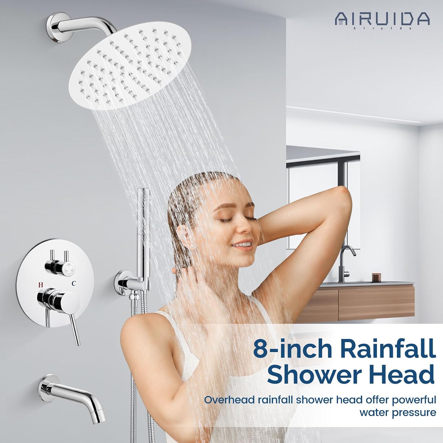 Airuida 3-Function Rain Shower System Set – Wall Mount Tub Shower Combo with Handheld Shower and Tub Spout,8 Inch Shower Head,Polished Chrome