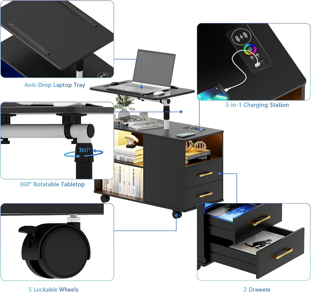 Set of 2 Night Stand with 360° Laptop Tray,Nightstand with Charging Station,Modern Bedside Table with 24-Color Human Sensor Lights,Large End Table w/ 2 Drawers,3 Shelves,5 Wheels,Black