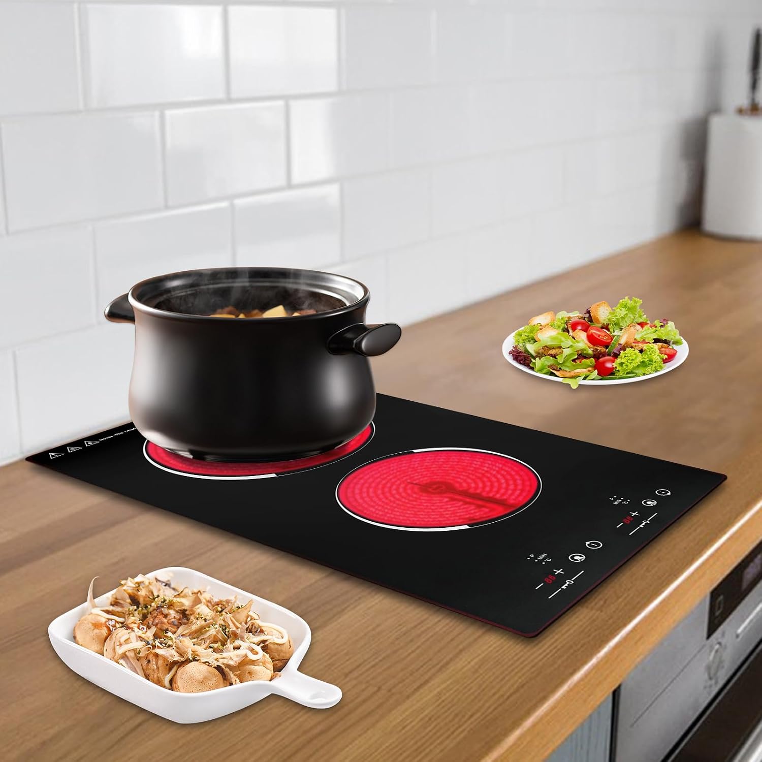 Ceramic Cooktop,20 * 11 Inch Built-in 2 Burners Electric Stove Cooker Hob With Touch Control Child Lock Timer Electric Stove with Hard Wire 1500W 110V(Touch Control, 2 Burners)
