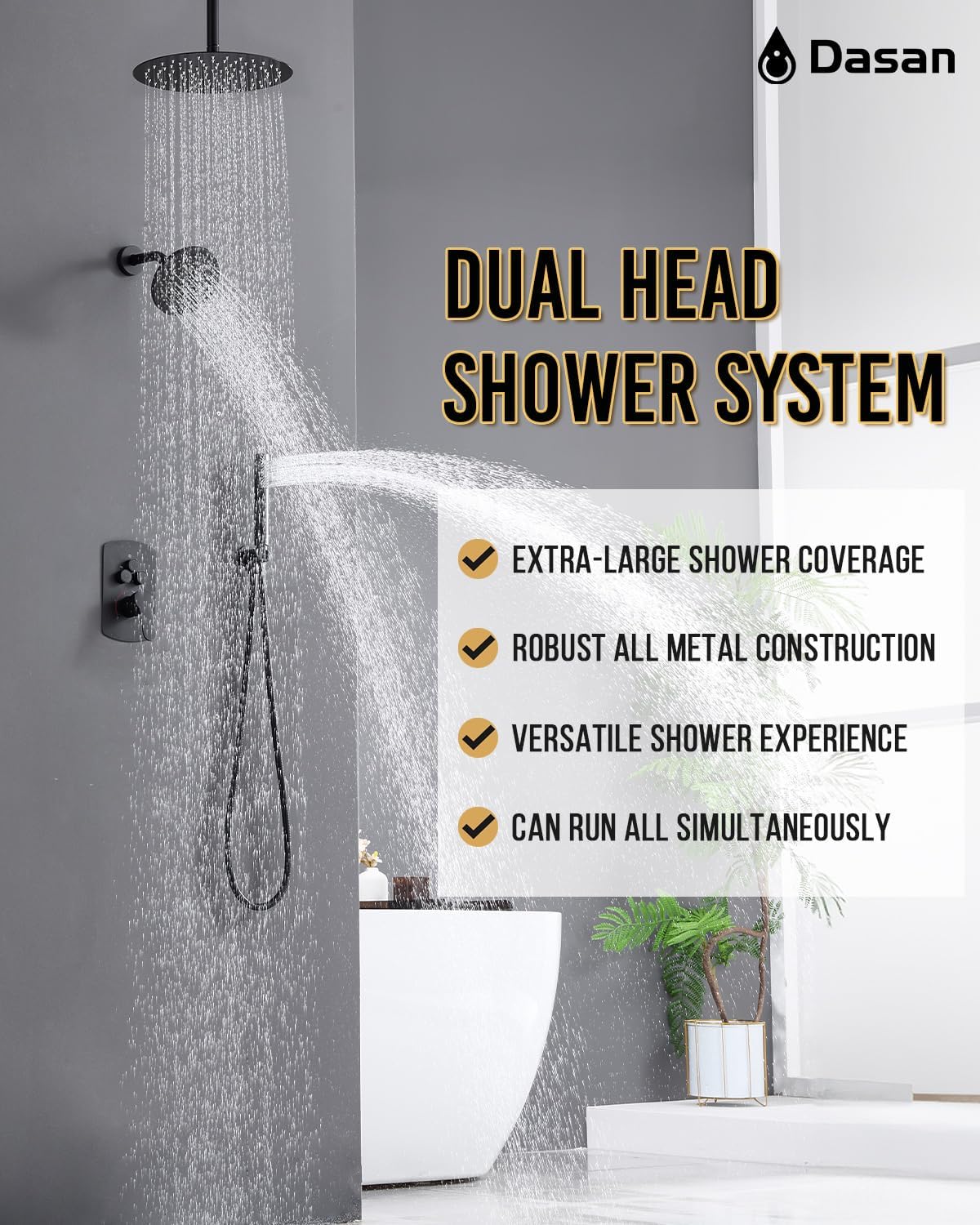 Dasan Rainfall Full Body Shower Faucet System with 12'' Round Shower & 6'' Shower Head,Matte Black Dual Shower Head Faucets Set with Handheld & Valve, Double Shower Head System for Couples/ 2-Person