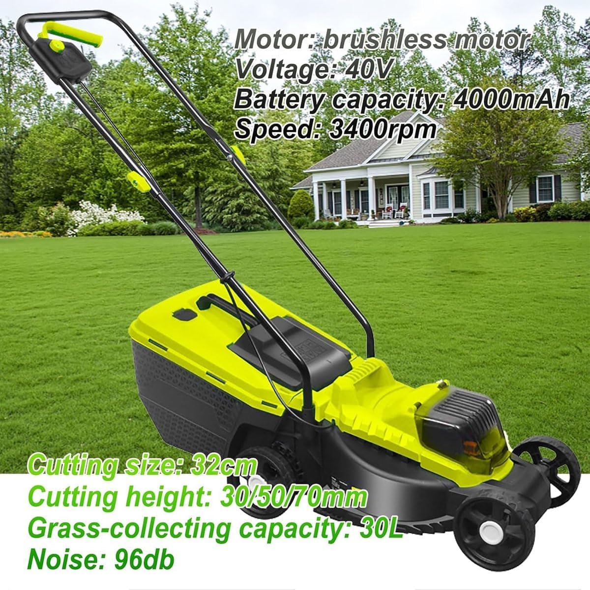 Electric Lawn Mower,1200W Cordless Roller Mulching Lawnmower with 2x4000mAh Batteries, 45L Grass Collection Box,32cm Cutting Width, 3 Adjustable Cutting Heights(30/50/70mm),for Garden Lawn
