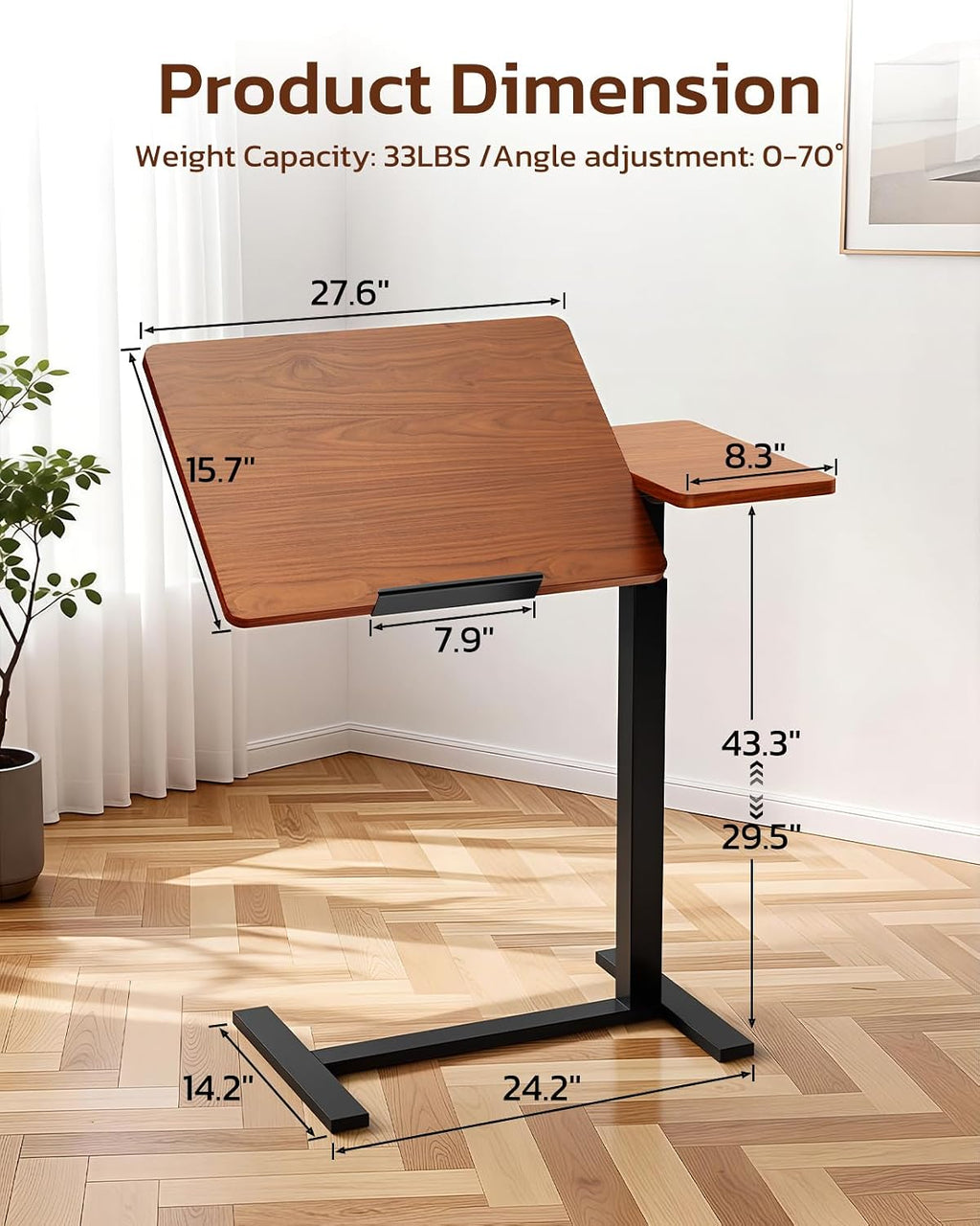 Small Standing Desk Rolling Table with Hidden Casters, Adjustable Height Laptop Mobile Stand Desks, Portable Computer Workstation with Tiltable Desktop for Teacher Classroom Home Office, Brown