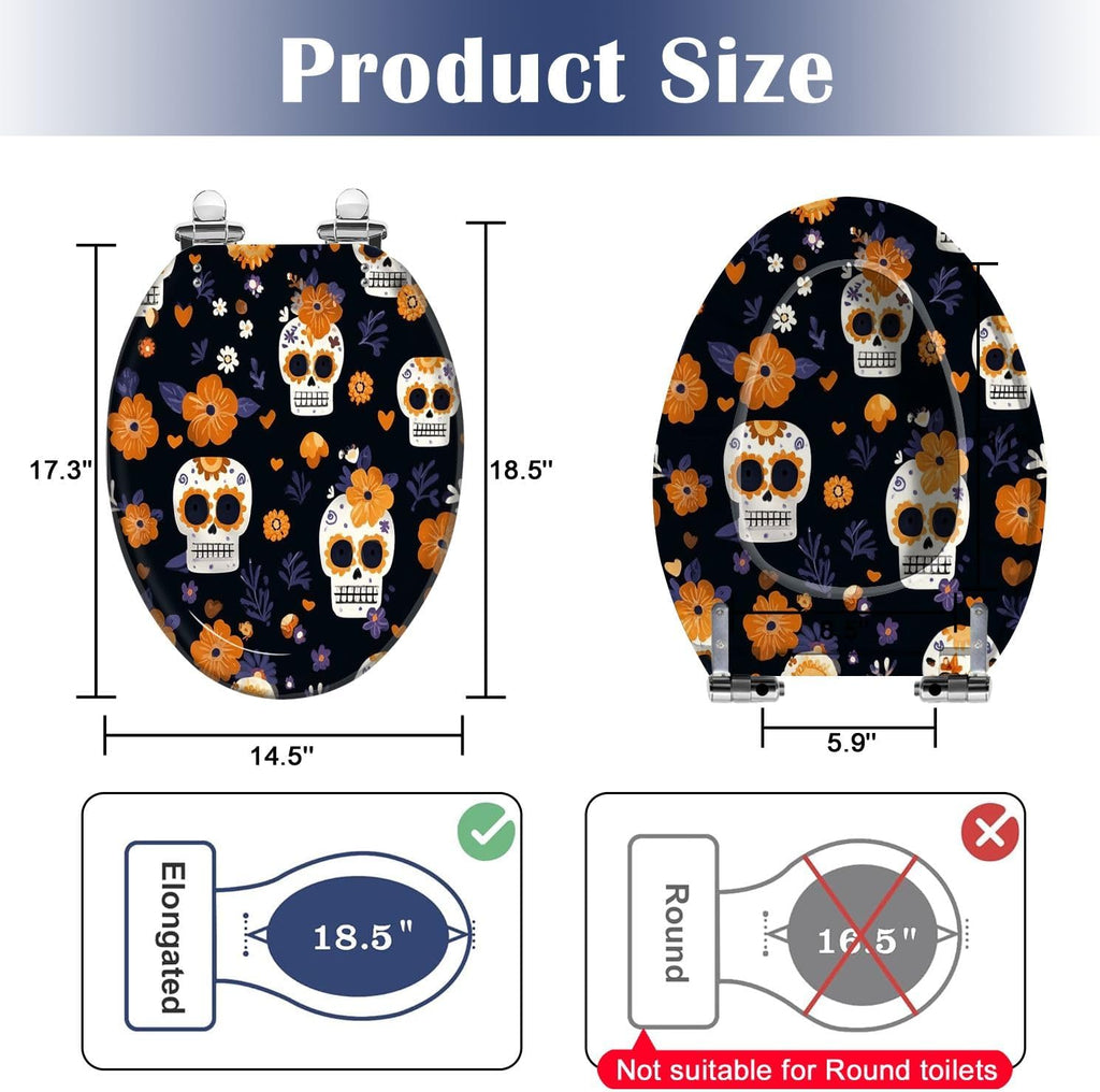 Elongated Toilet Seat Hand drawn seamless cute sugar skulls flowers for fabric Resin Toilet Seat Slow Quiet Close Lid with Quick-Release Hinges Cover Bumpers Easy to Clean Install