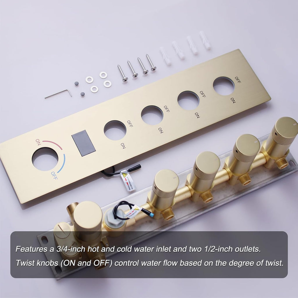 Brushed Gold Digital Display Shower System with 16X24 inch Ceiling Overhead Shower Head(Rain & Waterfall Two Modes), 4 PCS Body Jet and Handheld Spray