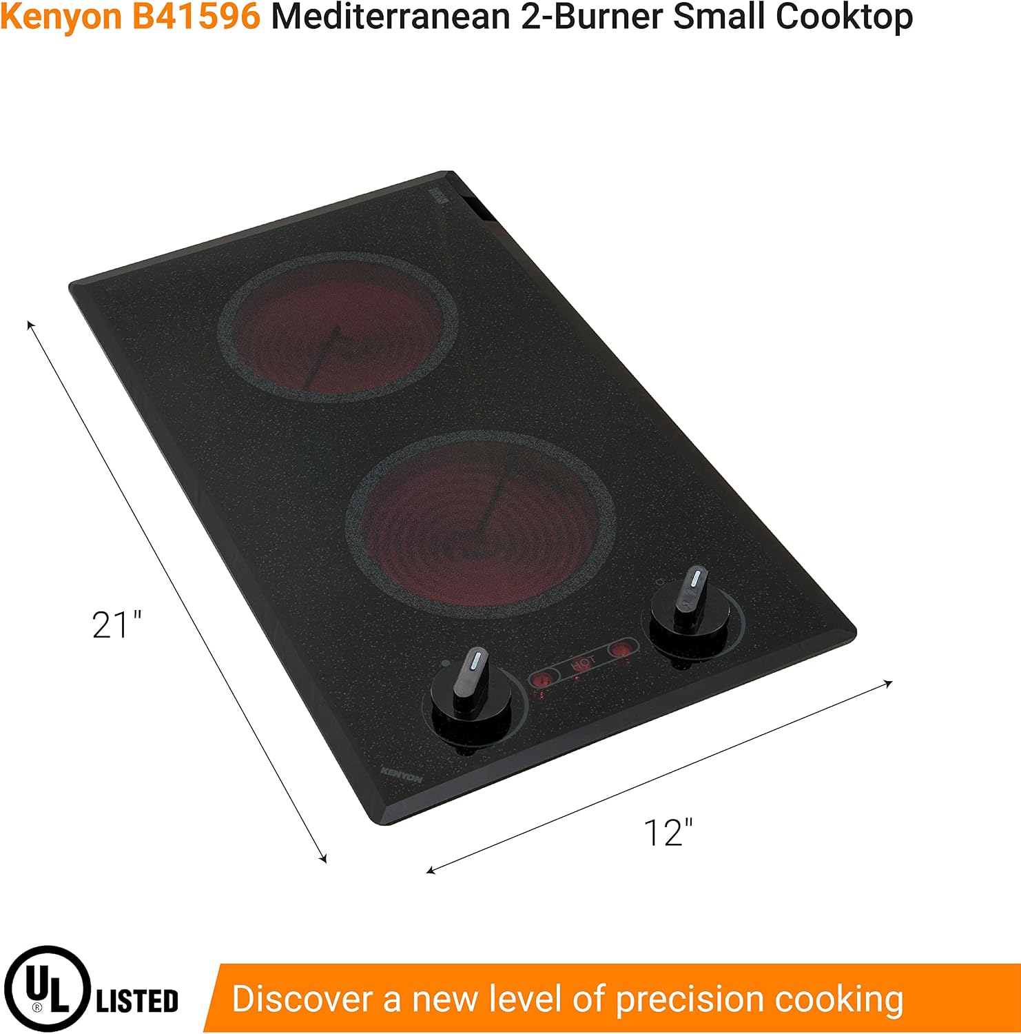 Kenyon Mediterranean 2-Burner Small Cooktop, Electric Cooktop for Energy-Efficient Cooking, Knob Control, Portrait Cooktop, 208-Volt, Black