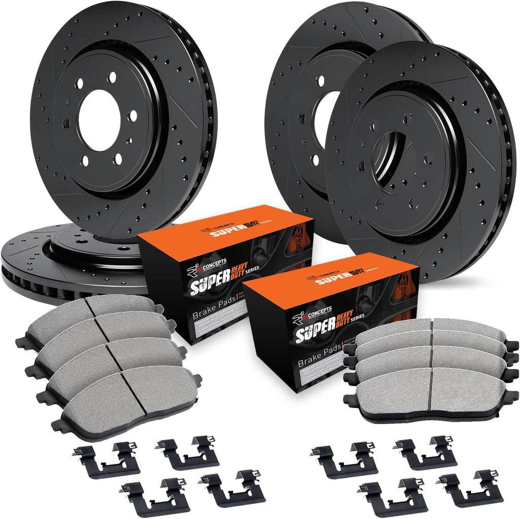 R1 Concepts Front and Rear Brake Kit Fits 2015-2020 Cadillac Escalade, Chevrolet Suburban, Chevrolet Tahoe, GMC Yukon| Optimum Oep Pads, Drilled Slotted Rotors| Hardware| 13.0' Front & 13.6' Rear