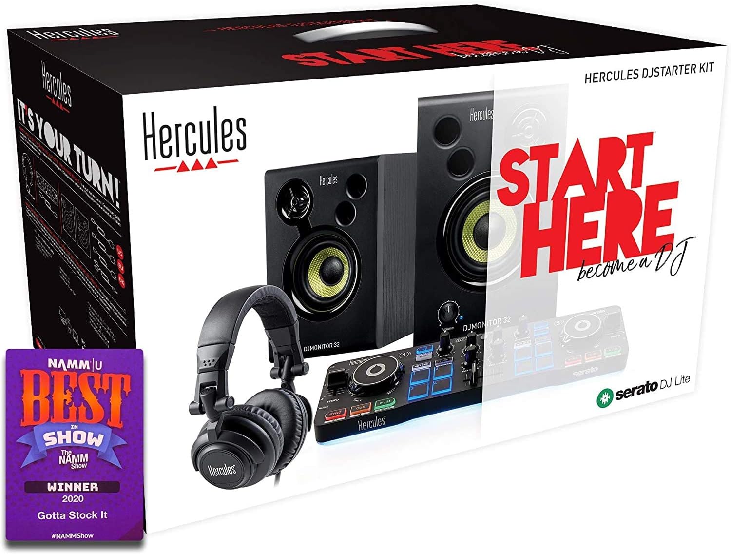 Hercules DJ Starter Kit with DJ Control Starlight, DJMonitor 32, HDP DJ M40.1 Headphones, & Serato DJ Lite + On-Stage Computer Laptop Audio Mixer, Lighting Controller, Midi Controller Stand