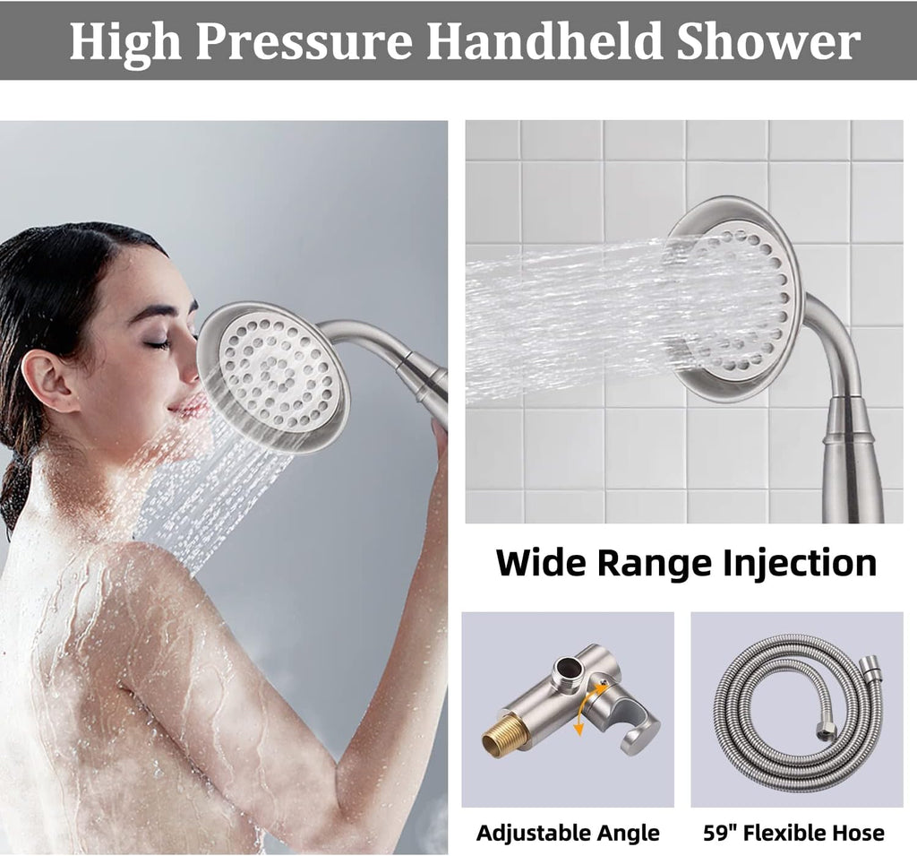 All Metal Thermostatic Shower System with Tub Spout Backnets Wall Mounted Shower Faucet Set for Bathroom with 9 Inch Rain Shower Head and Handheld, Rough-in Valve Body and Trim kit, Brushed Nickel