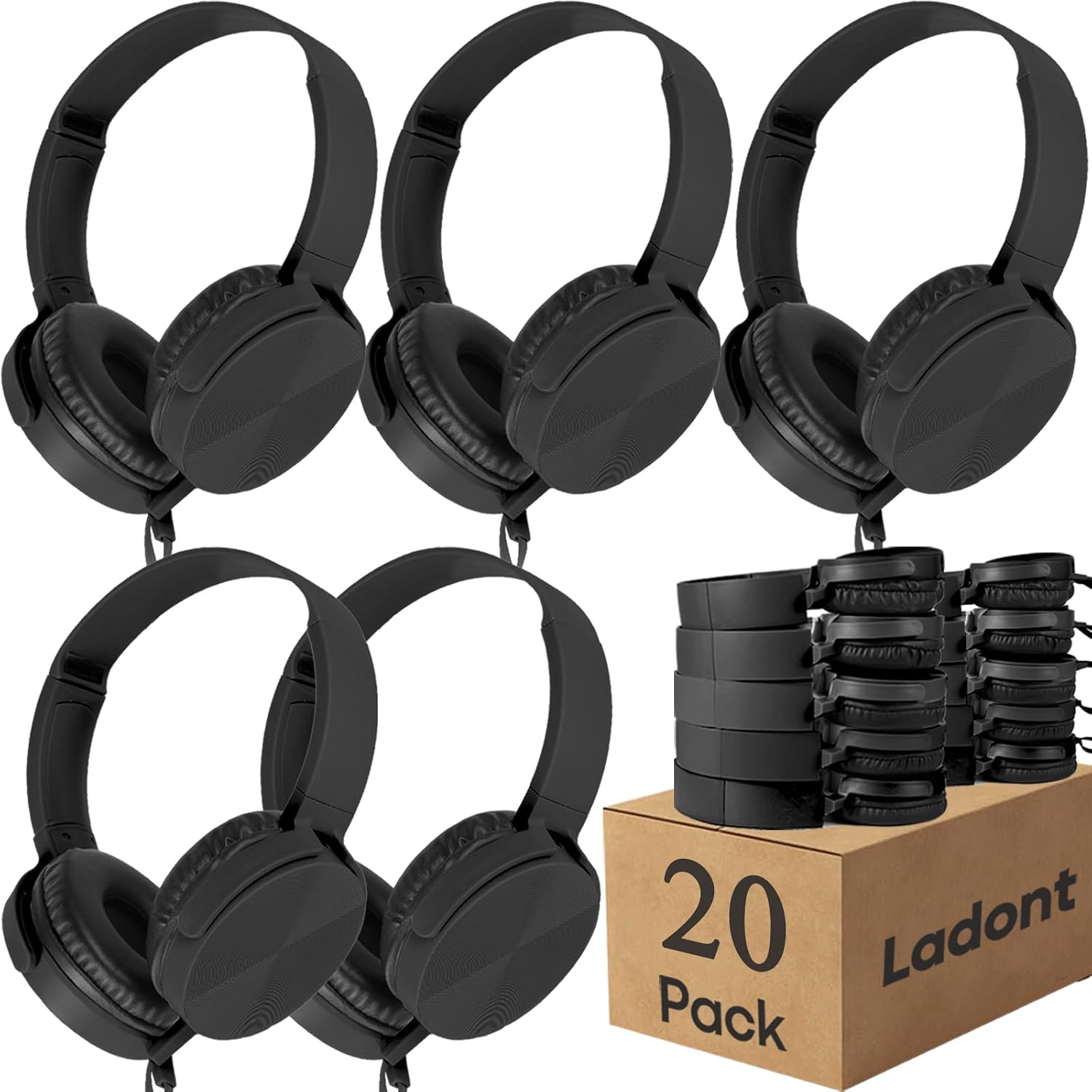 20 Pack Bulk Headphones for Classroom, Kids Wired Headphone for School Students K-12, Affordable Classroom Headphones, On-Ear with 3.5mm Plug(Black)